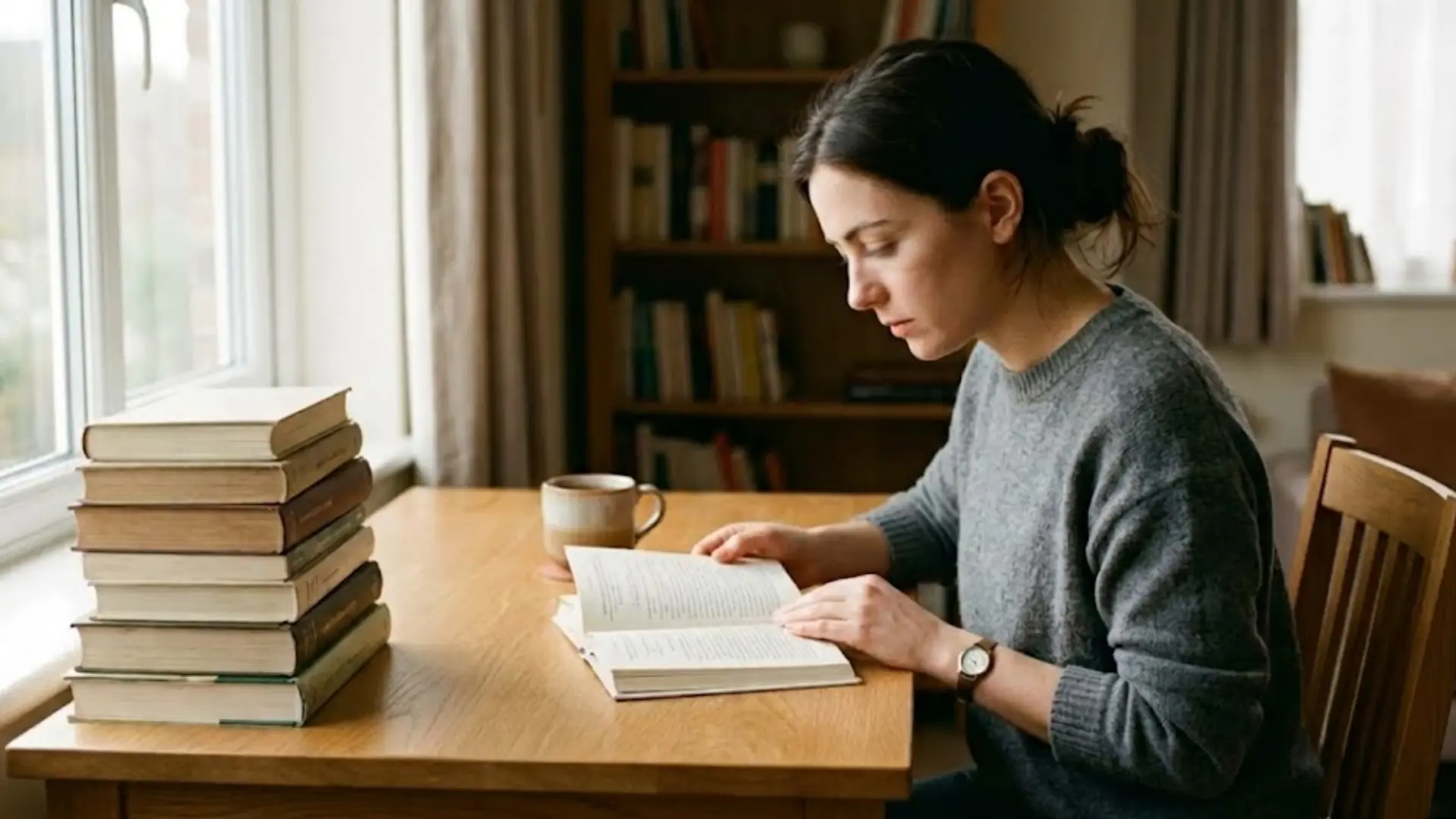 woman reading a book at a wooden table beside a stack of books in a quiet and cozy home study space