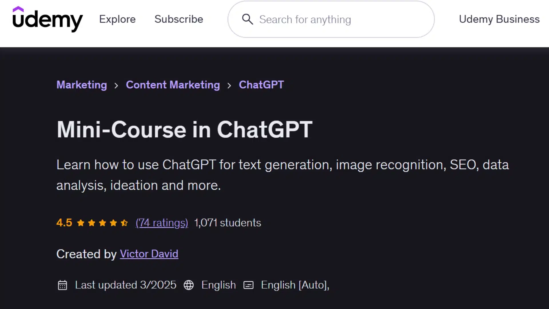 udemy chatgpt mini course page showing title, creator details, ratings, language and course overview