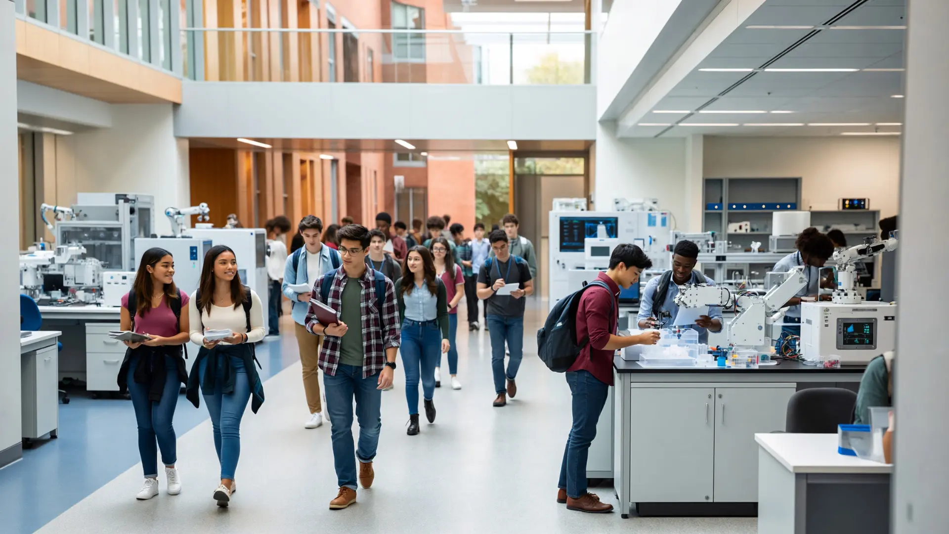 students walking through a modern university engineering lab with robotic equipment