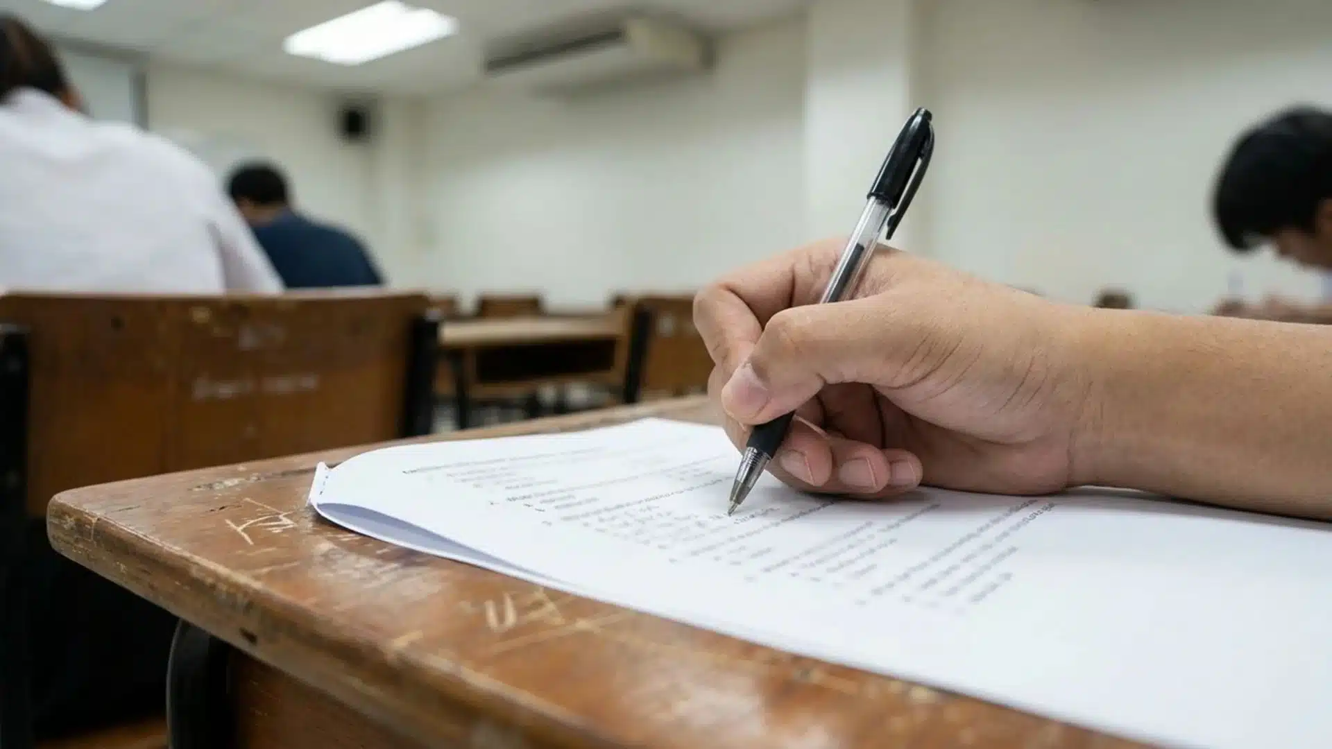 a close-up of a student's hand writing answers on a printed exam paper in a classroom setting