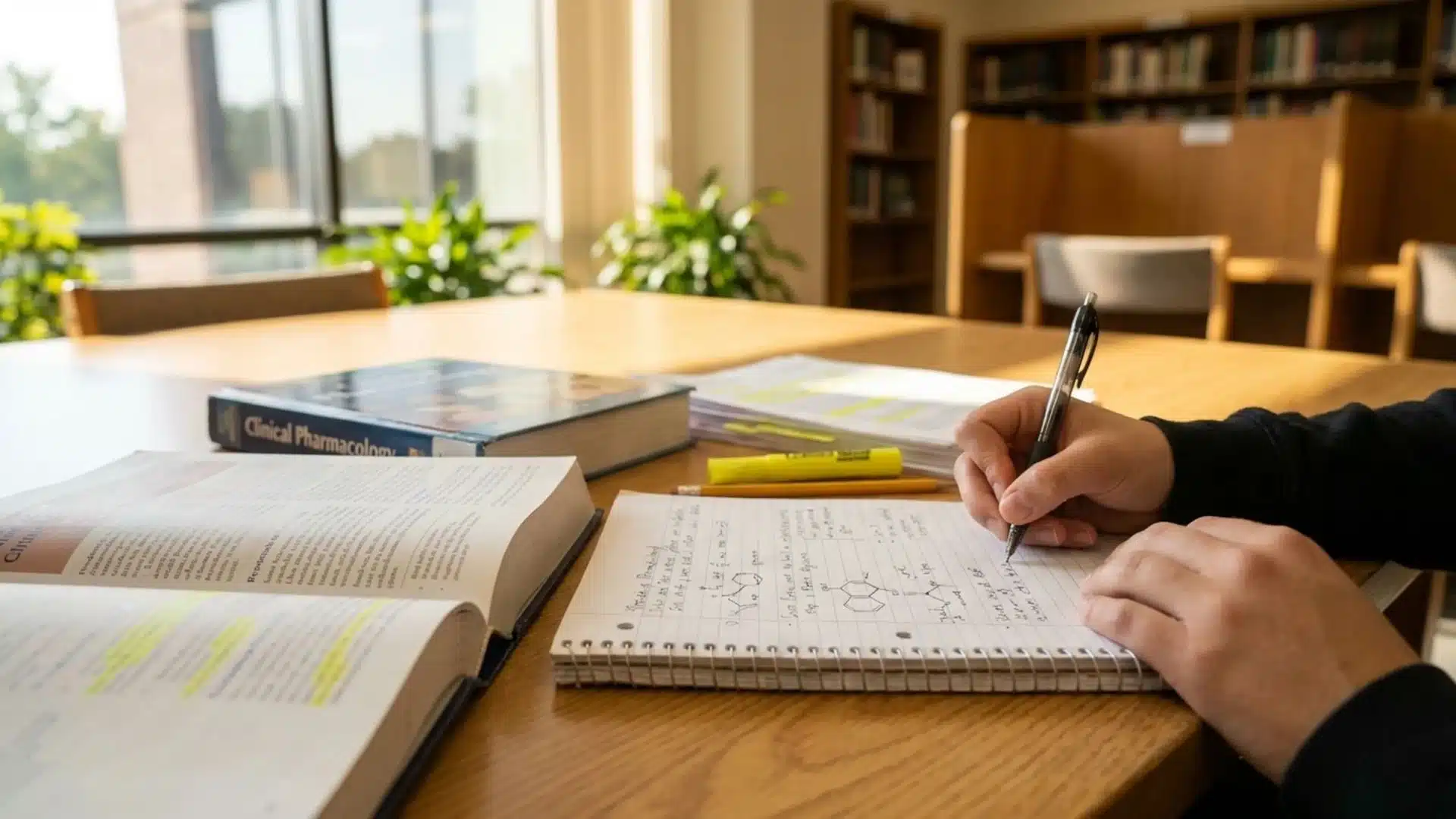 a pharmacy student writing notes next to an open clinical pharmacology textbook in a sunlit library