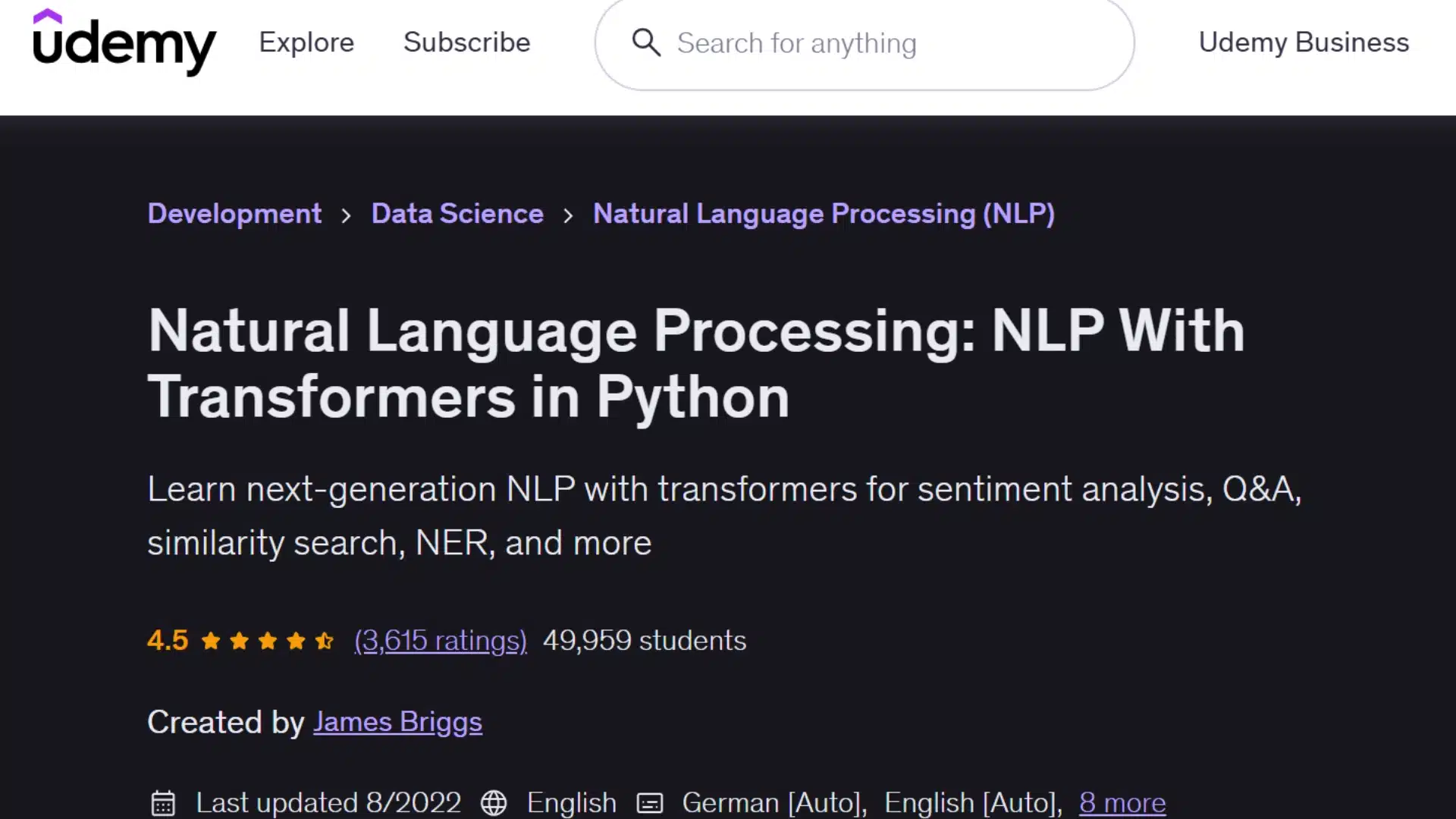 udemy natural language processing course focused on transformers, sentiment analysis, search and python