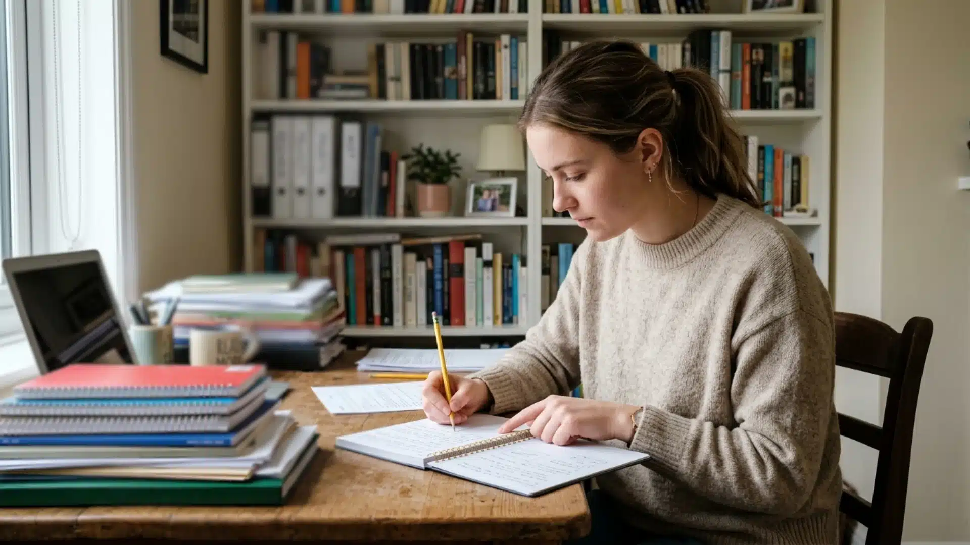 a woman in a sweater writes in a notebook at a desk surrounded by stacked books, papers, a laptop, and bookshelves