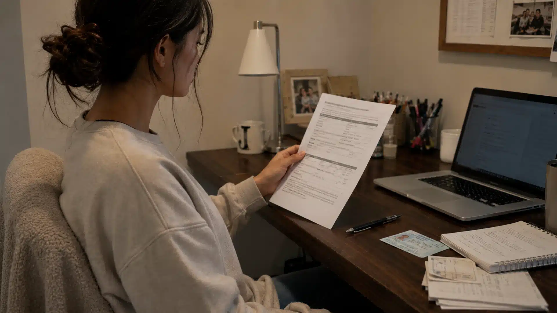 woman reviewing a printed form at a home desk with an id card and laptop nearby