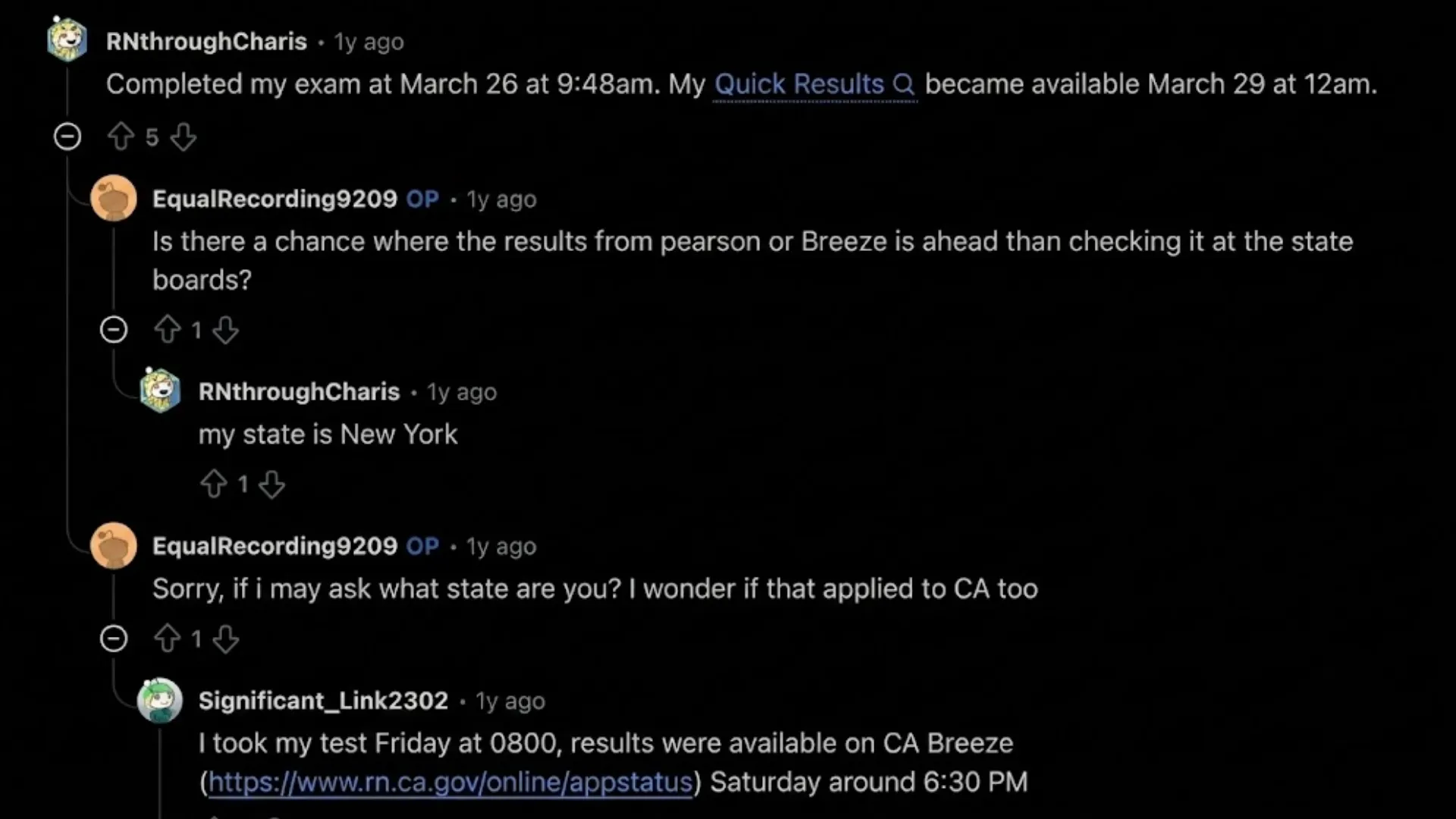 reddit discussion showing nclex candidates sharing result waiting times and quick results experiences