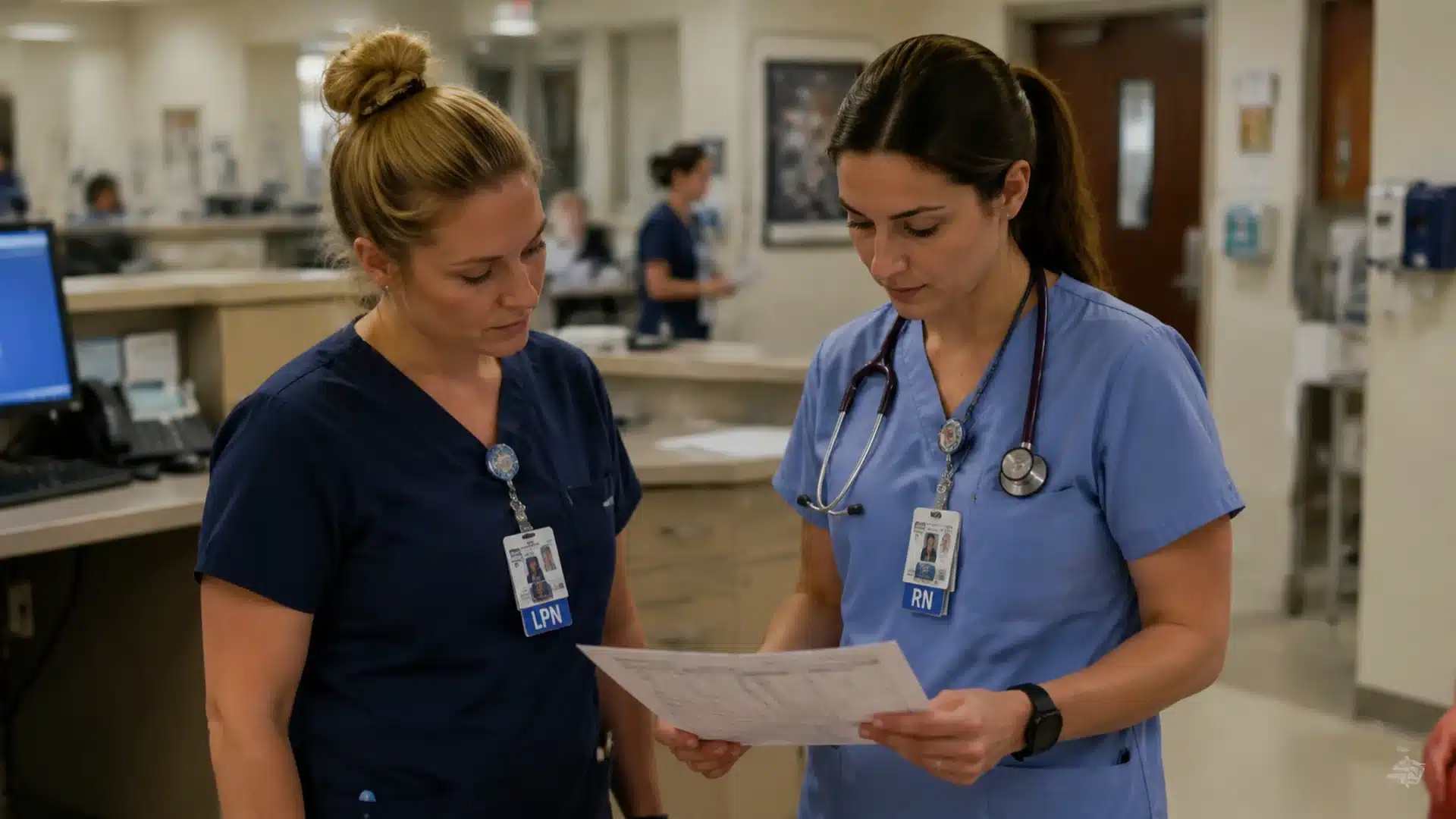 lpn and rn nurses reviewing patient notes together in a hospital hallway during clinical discussion