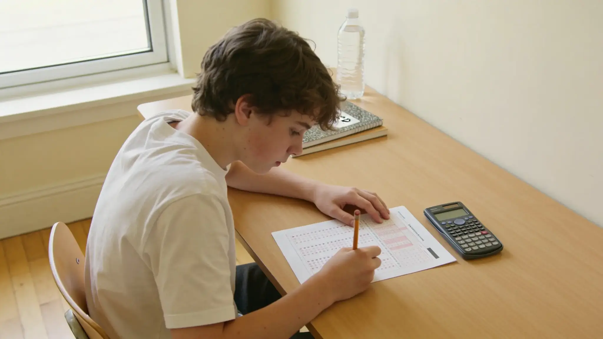 student sitting at a wooden desk taking a printed multiple choice test with a calculator and prep book nearby