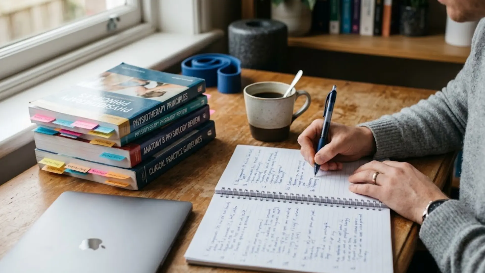 person writing npte practice notes beside physiotherapy books and resistance band on desk