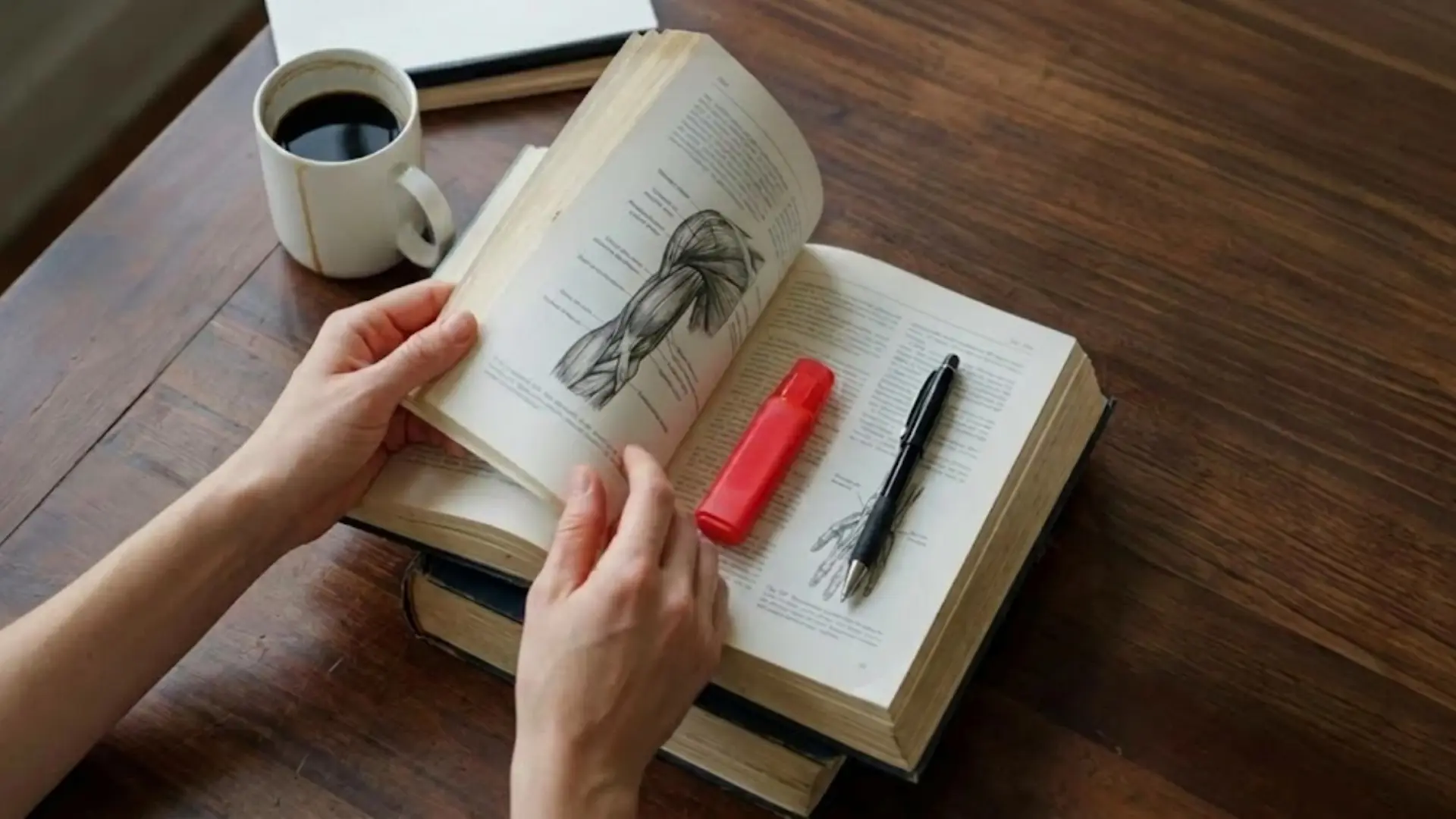 student studies an anatomy textbook with muscle diagrams, highlighter, pen, and coffee on a wooden desk
