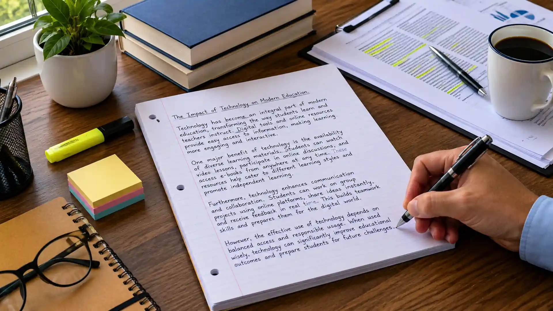 hand writing a factual essay on lined paper beside research documents, books, notes, and coffee on a desk