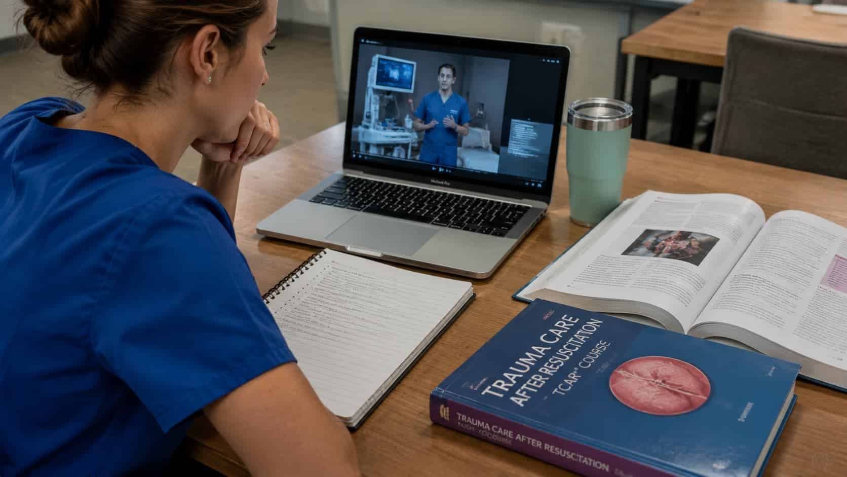 young nurse in blue scrubs studying an online trauma care course on a laptop with books and notes at a desk