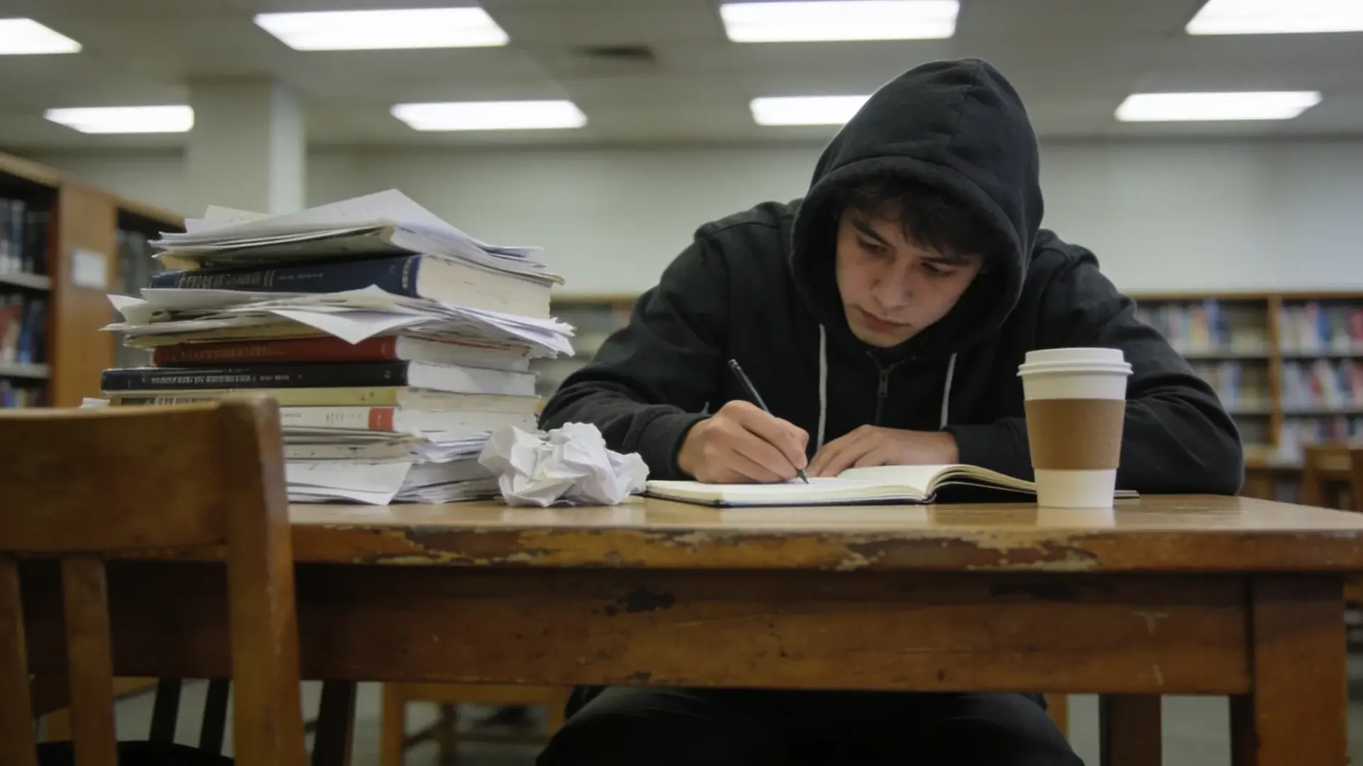 student studying in a library with books, notes, and coffee on a desk