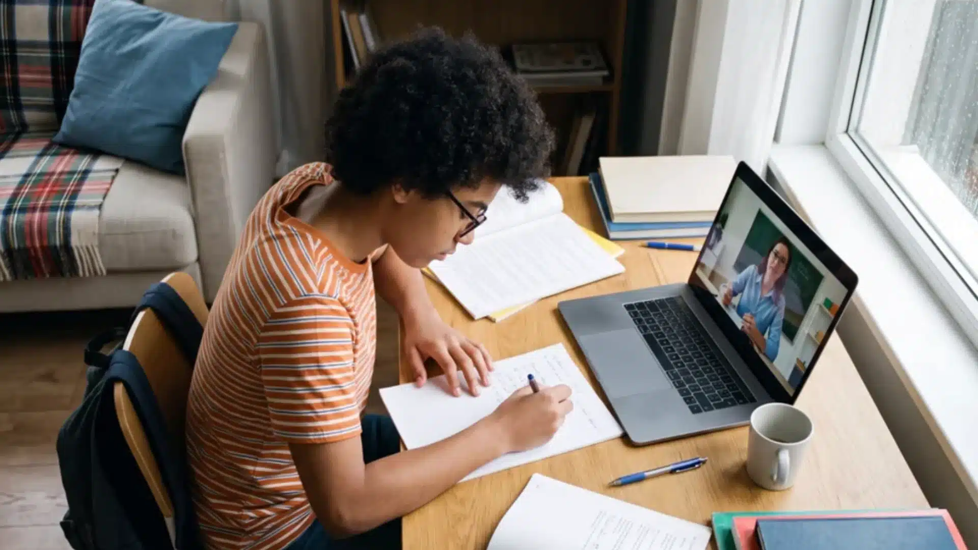 student writing notes while attending virtual class on laptop, exploring online learning academy options