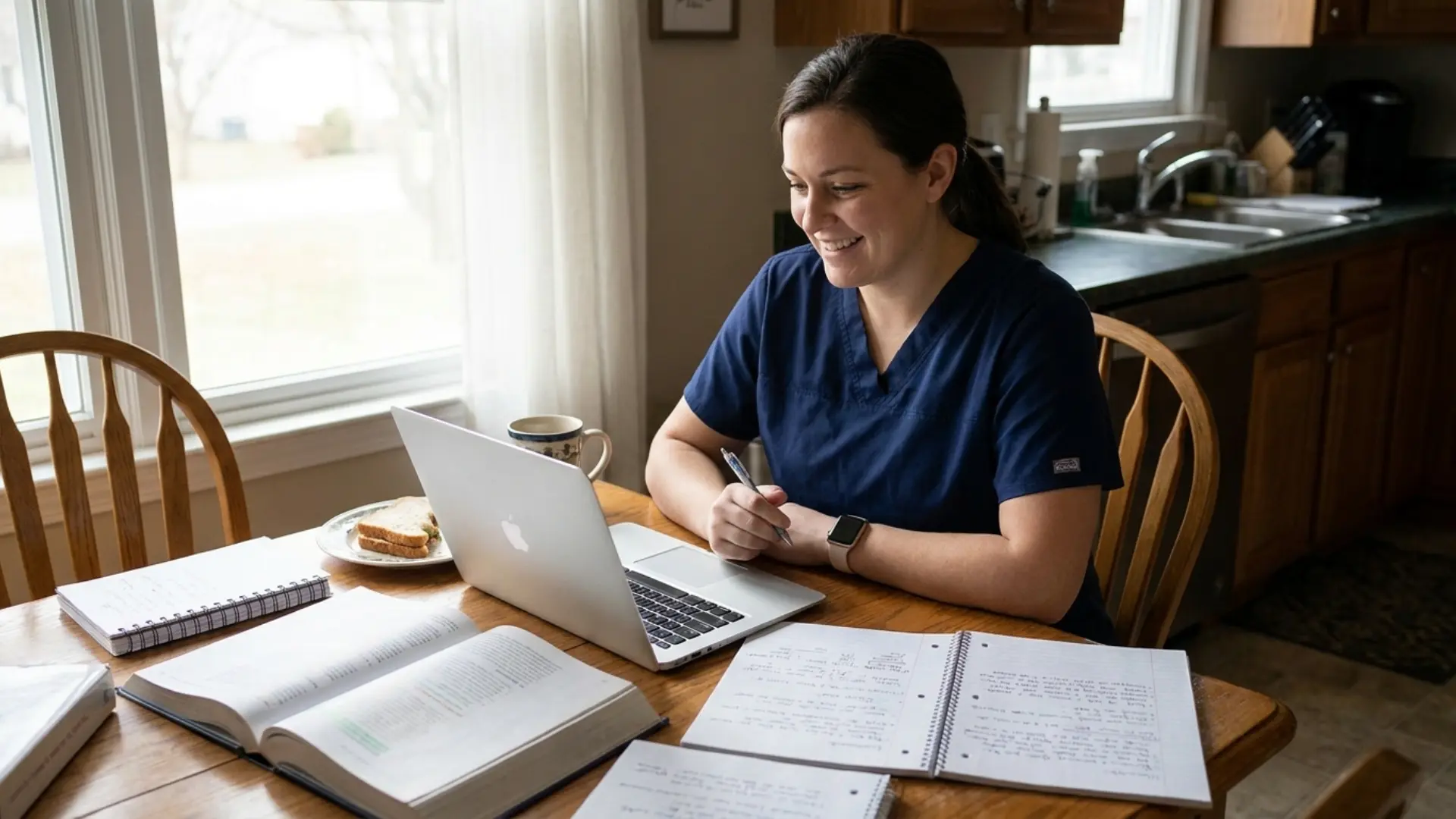 lvn student in scrubs studying online lvn program on laptop at home