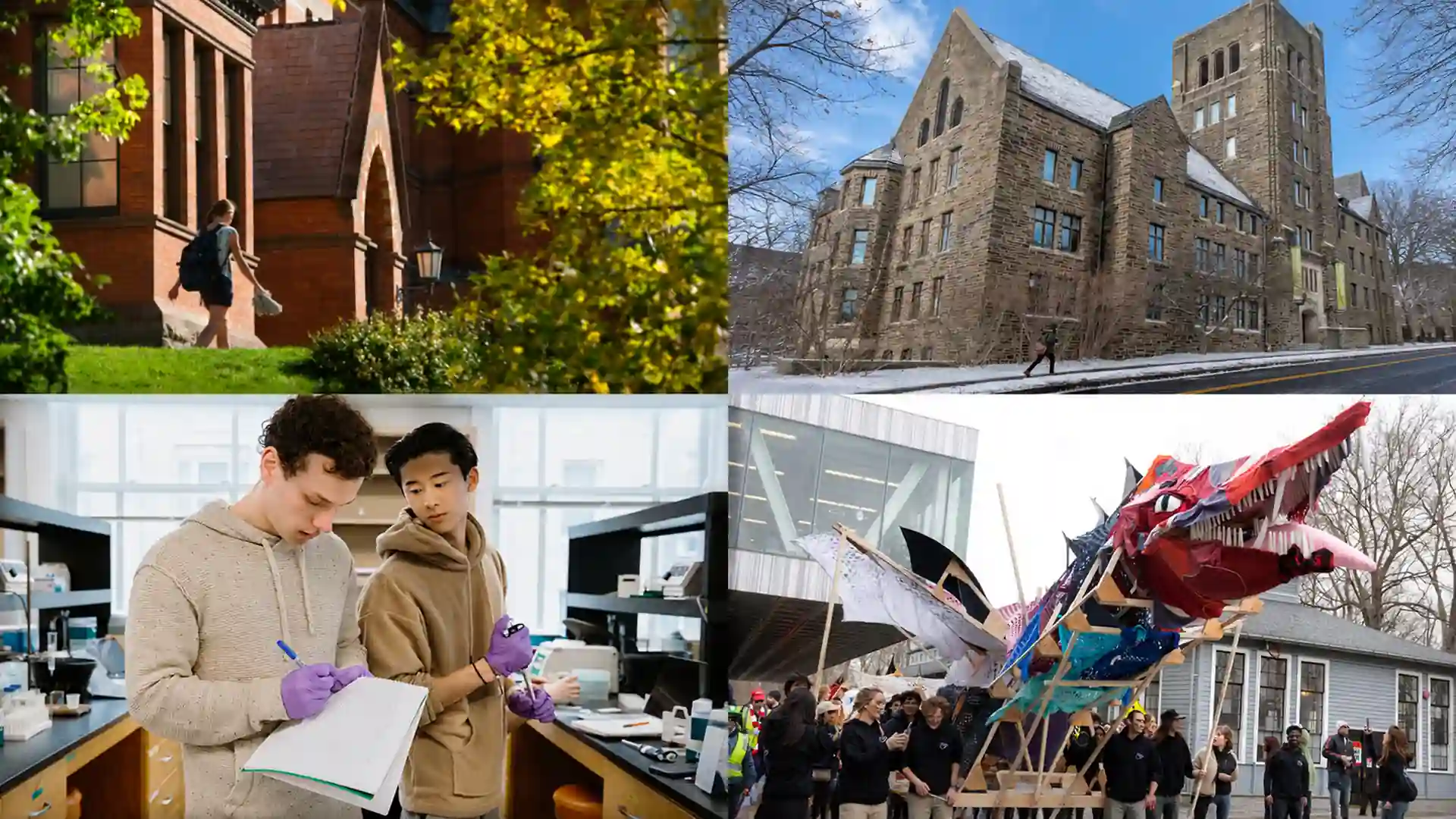 collage showing campus buildings, students in a science lab, and a student festival with a large dragon sculpture