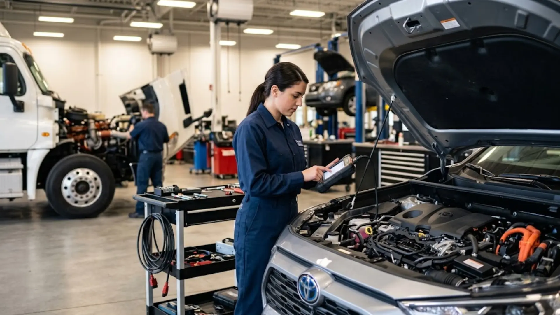 mechanic in coveralls using diagnostic tablet while inspecting engine of car with hood open in shop