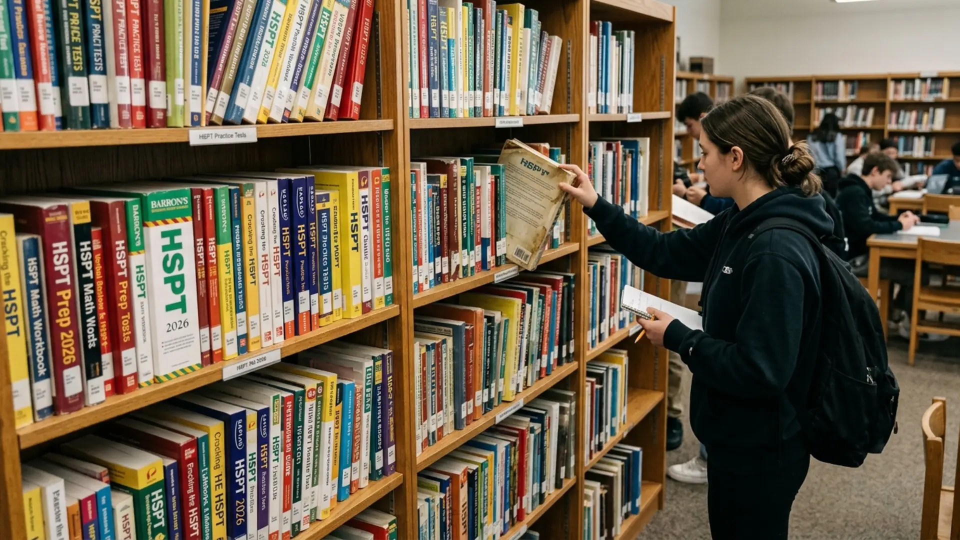 student choosing an hspt prep book from a library shelf filled with practice tests and study guides
