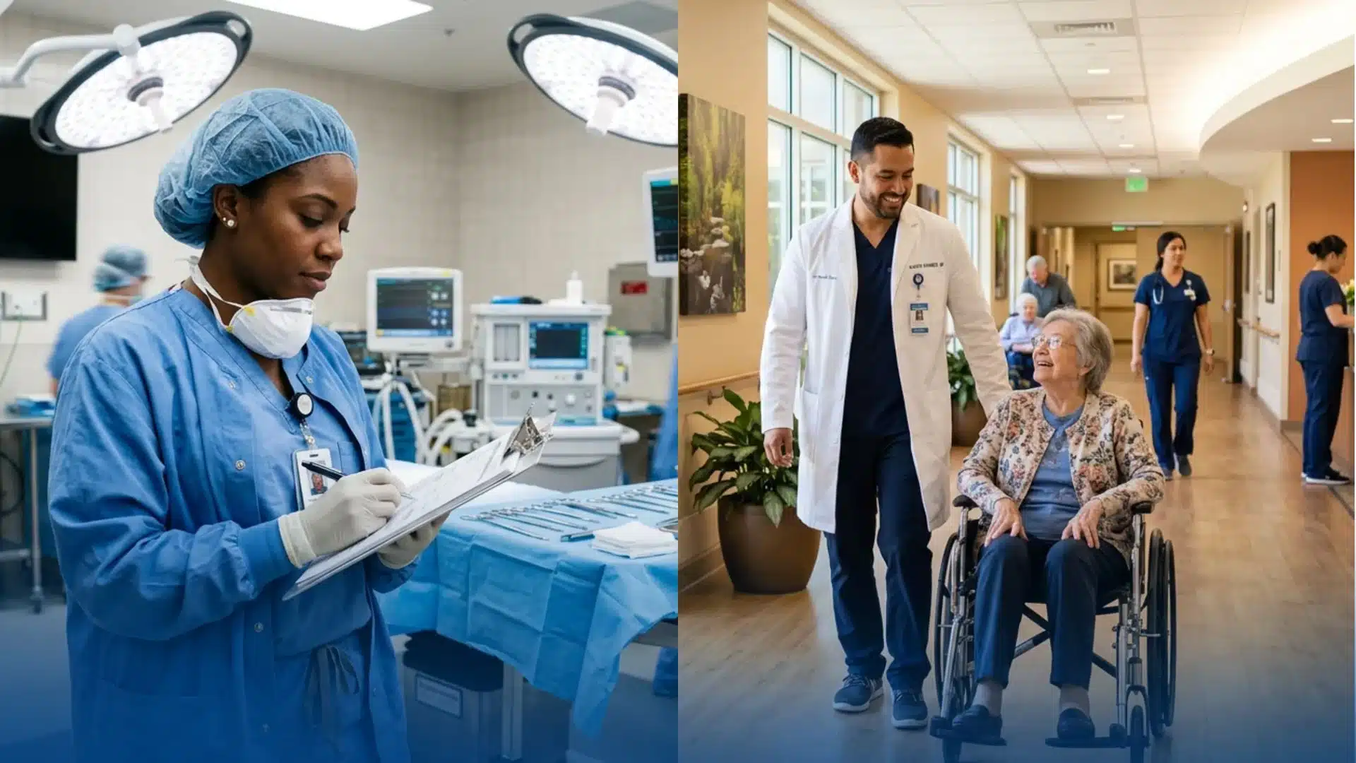 female provider reviewing surgical notes in an OR and male provider assisting elderly patient in wheelchair
