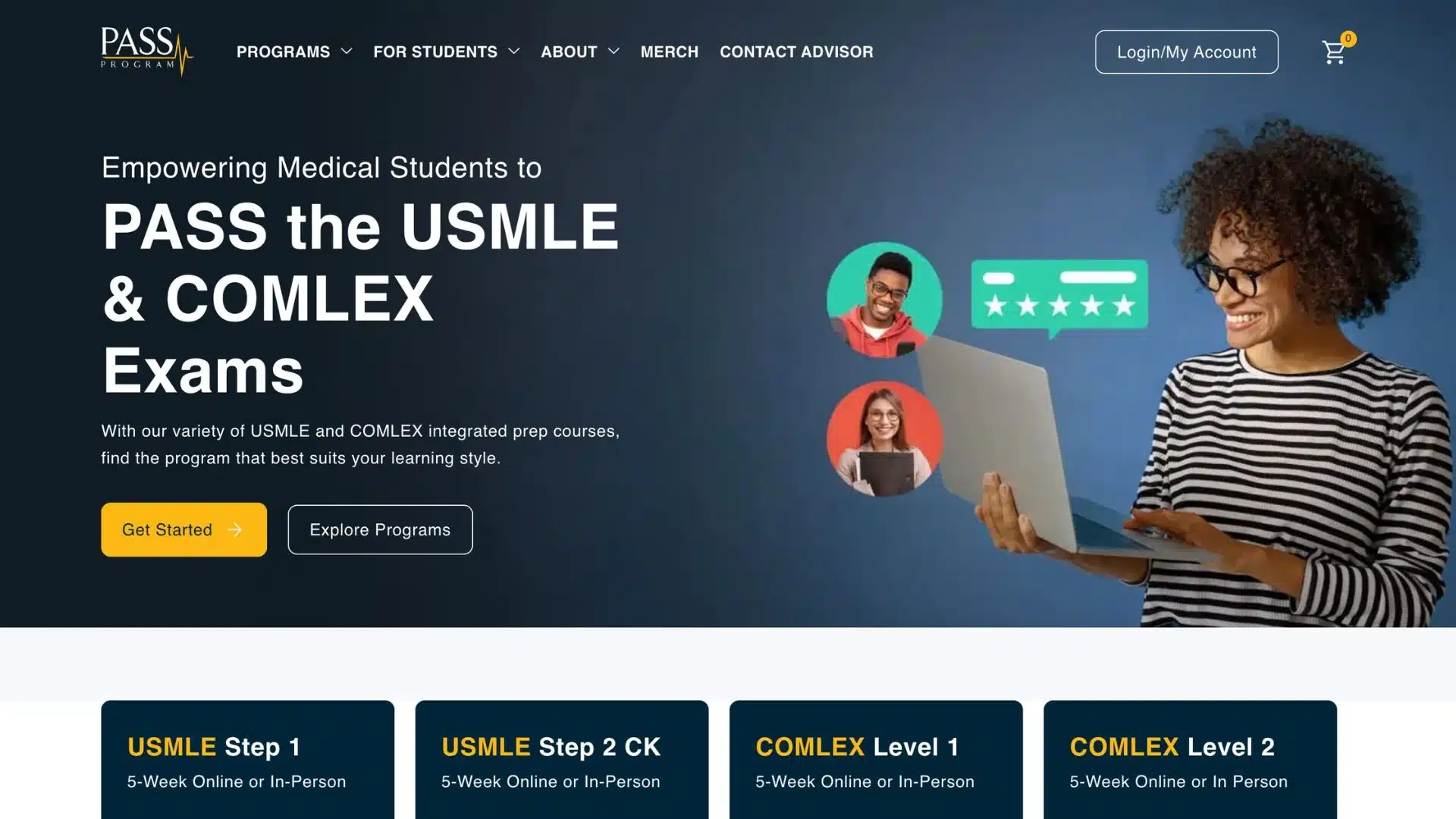 pass program usmle and comlex prep course homepage showing step 1 and step 2 ck five-week program option