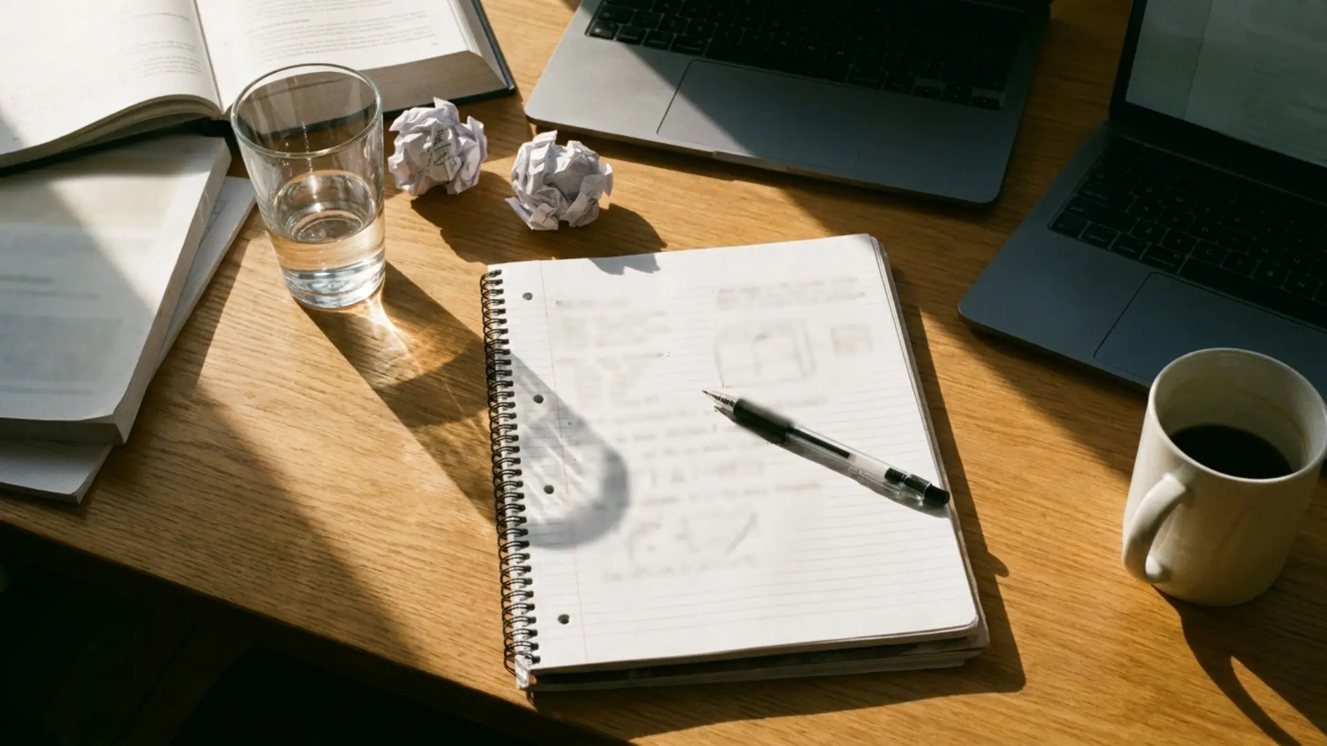 student desk with open notebook, crumpled paper, and coffee mug in sunlight