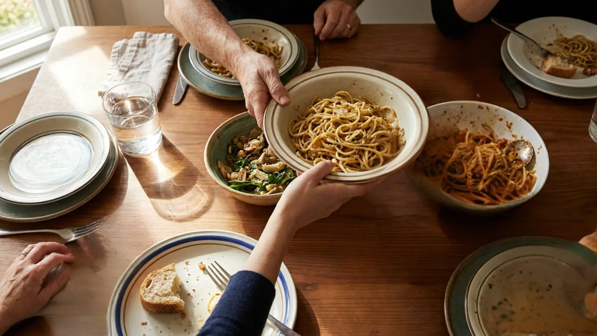 overhead shot of family passing pasta bowls around a dining table