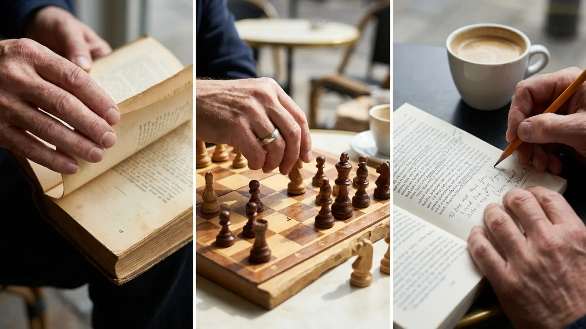 hands turning book pages, moving chess pieces, and writing notes in a book