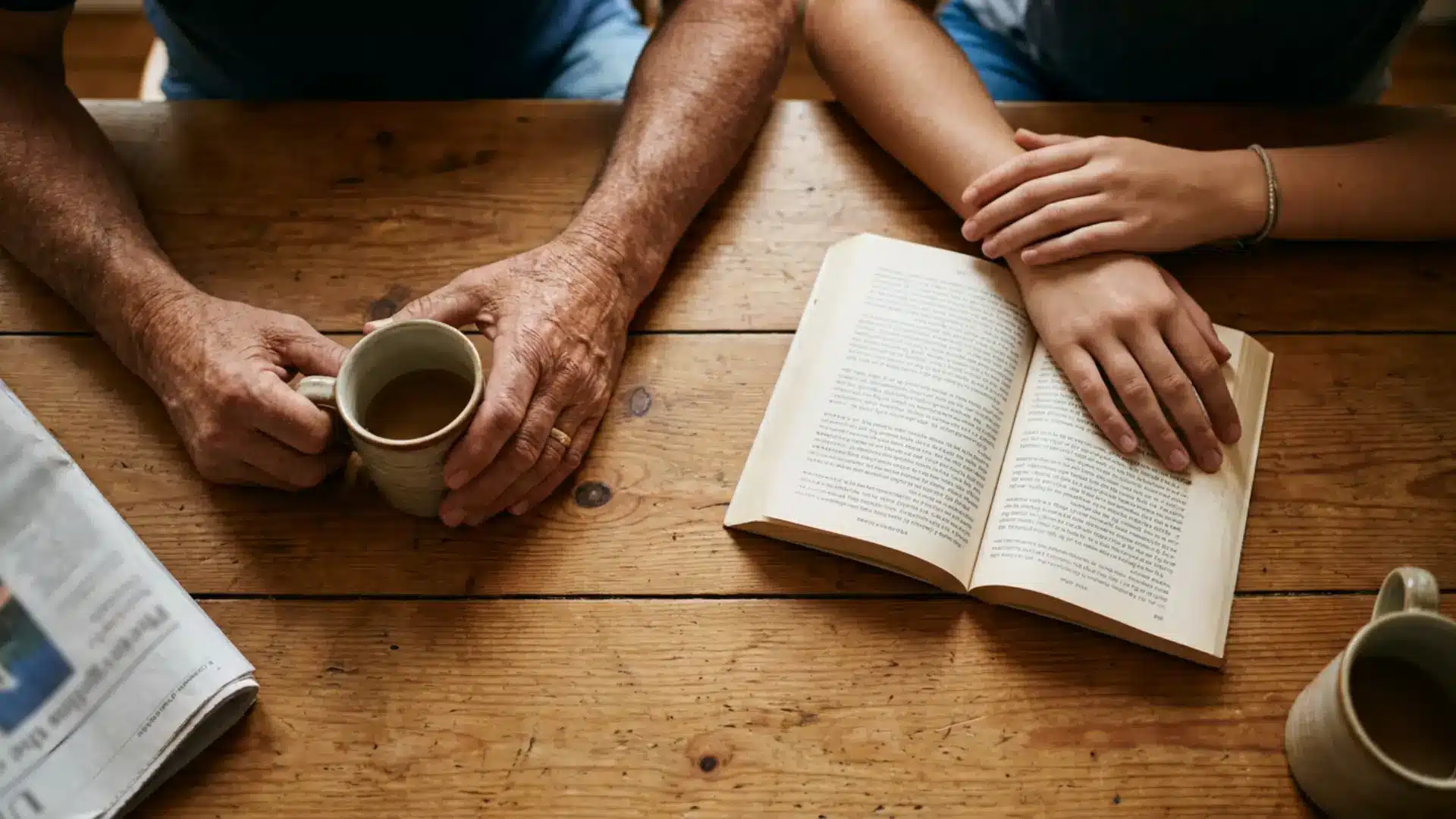 older and younger hands at a wooden table with coffee mugs and an open book