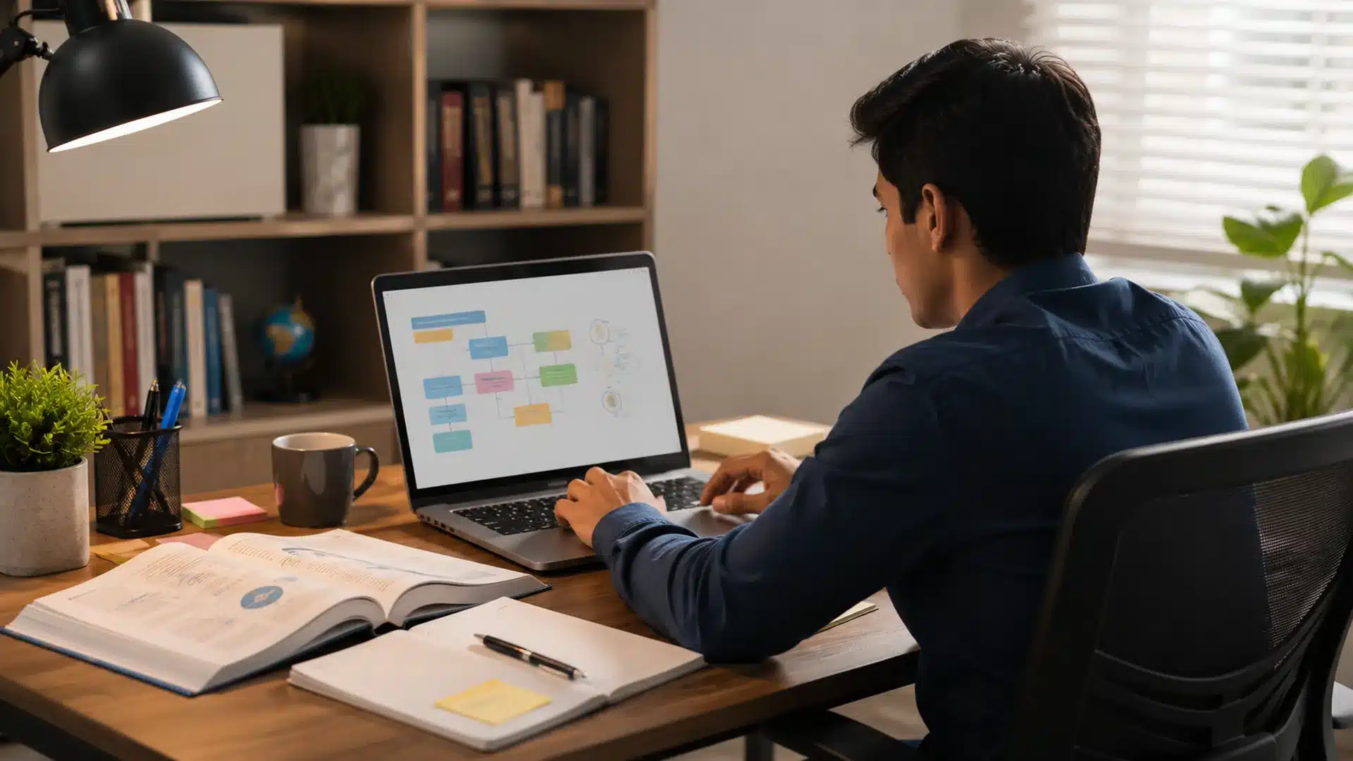 professional studying for pmp exam on laptop with books, notebook, and organized workspace