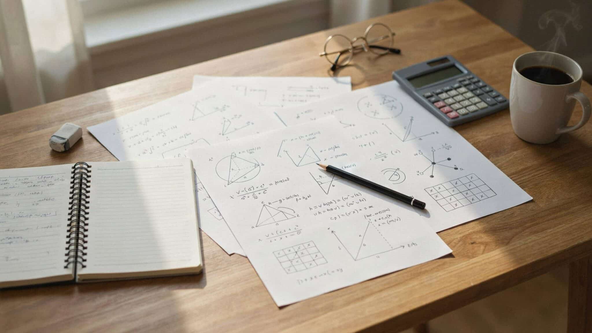 hard math problems and equations written on paper with a calculator, notebook, pencil, and coffee on a wooden desk
