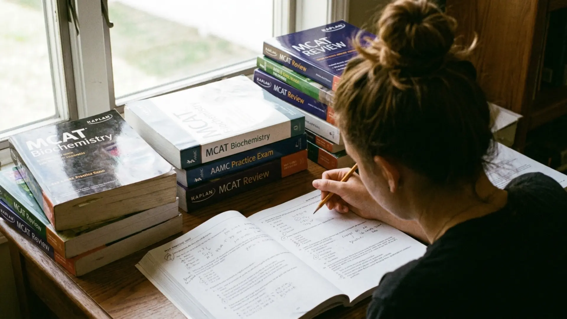 proactive vs retroactive interference study session with mcat review books and notes at a desk