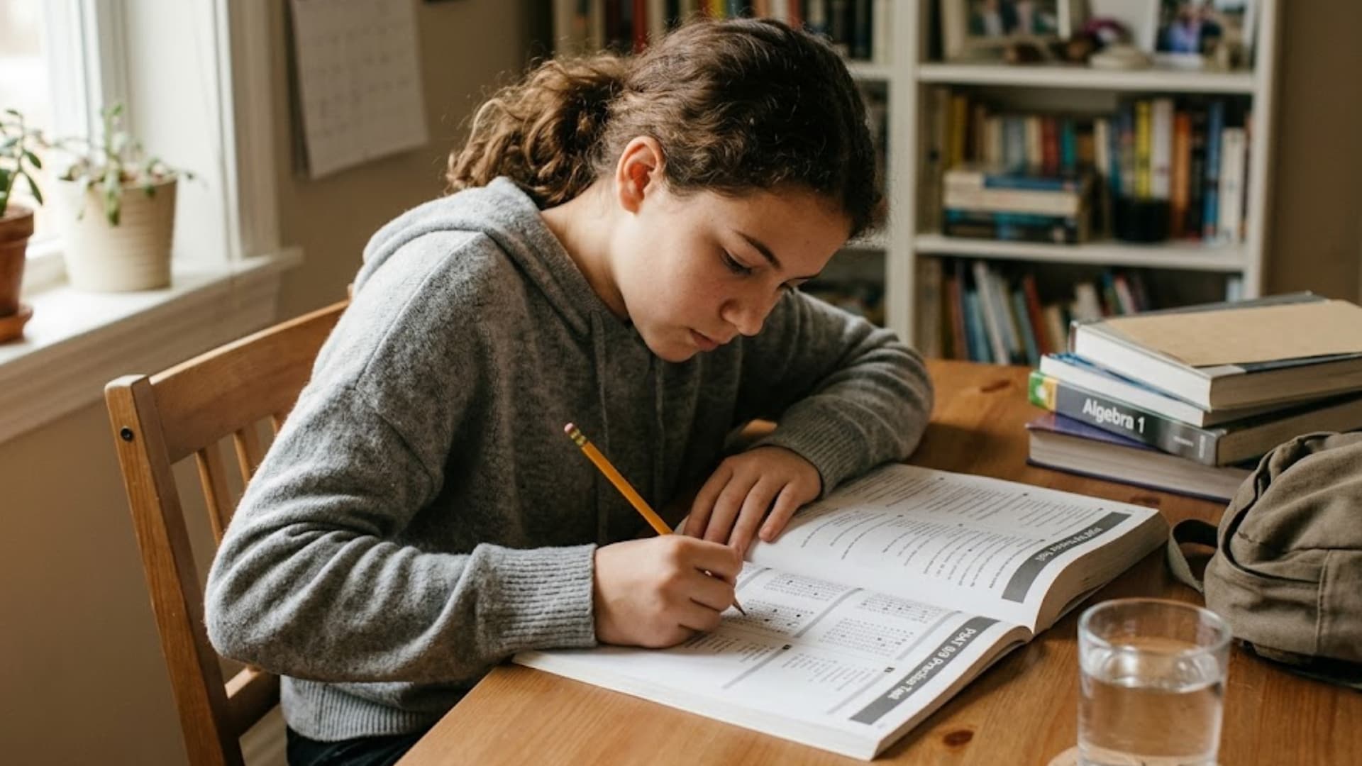 young student writing answers in psat 8/9 practice test workbook at wooden desk with pencil and water glass