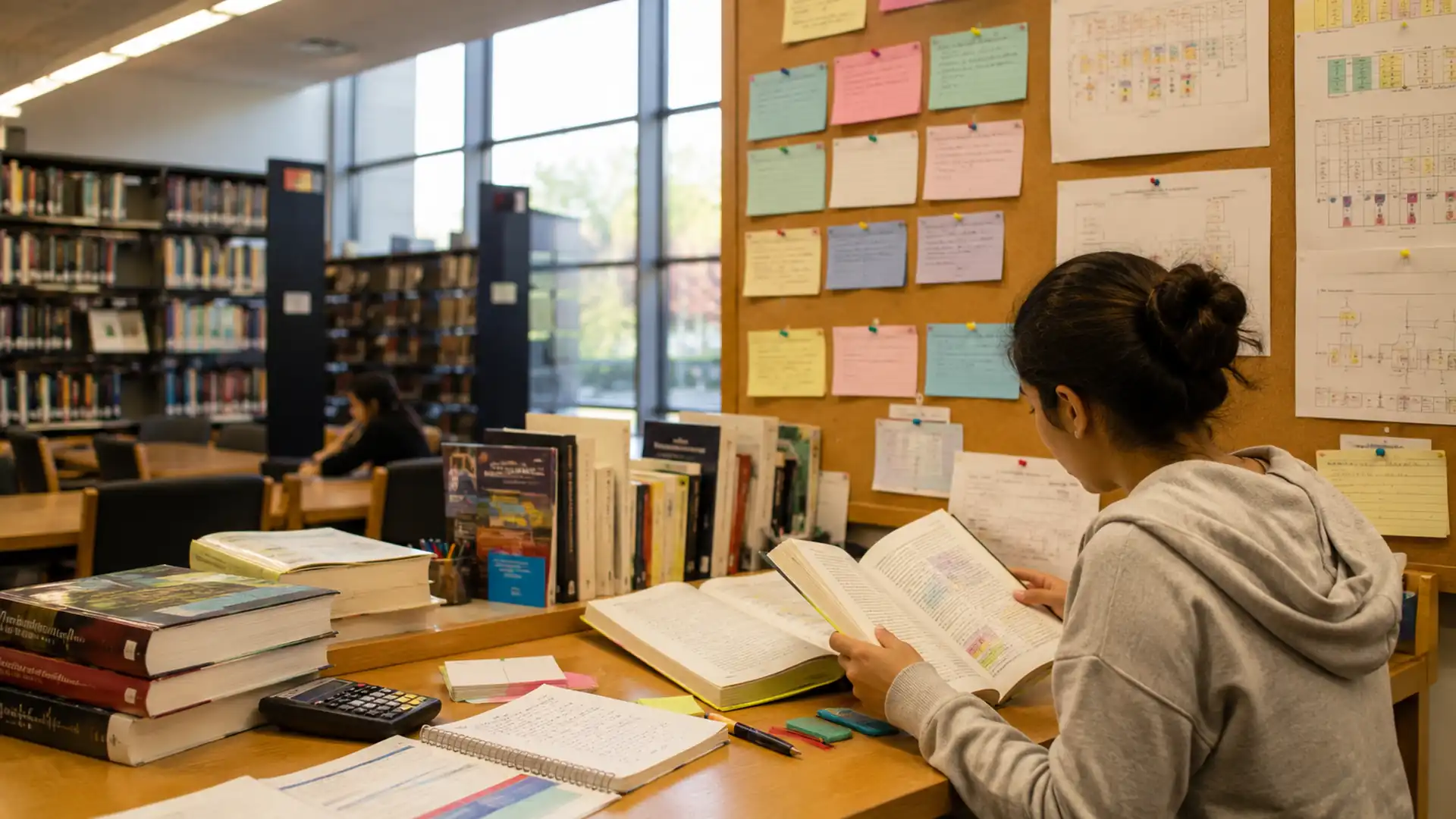 girl studying pharmacy technician books in a library with organized study board and exam materials nearby