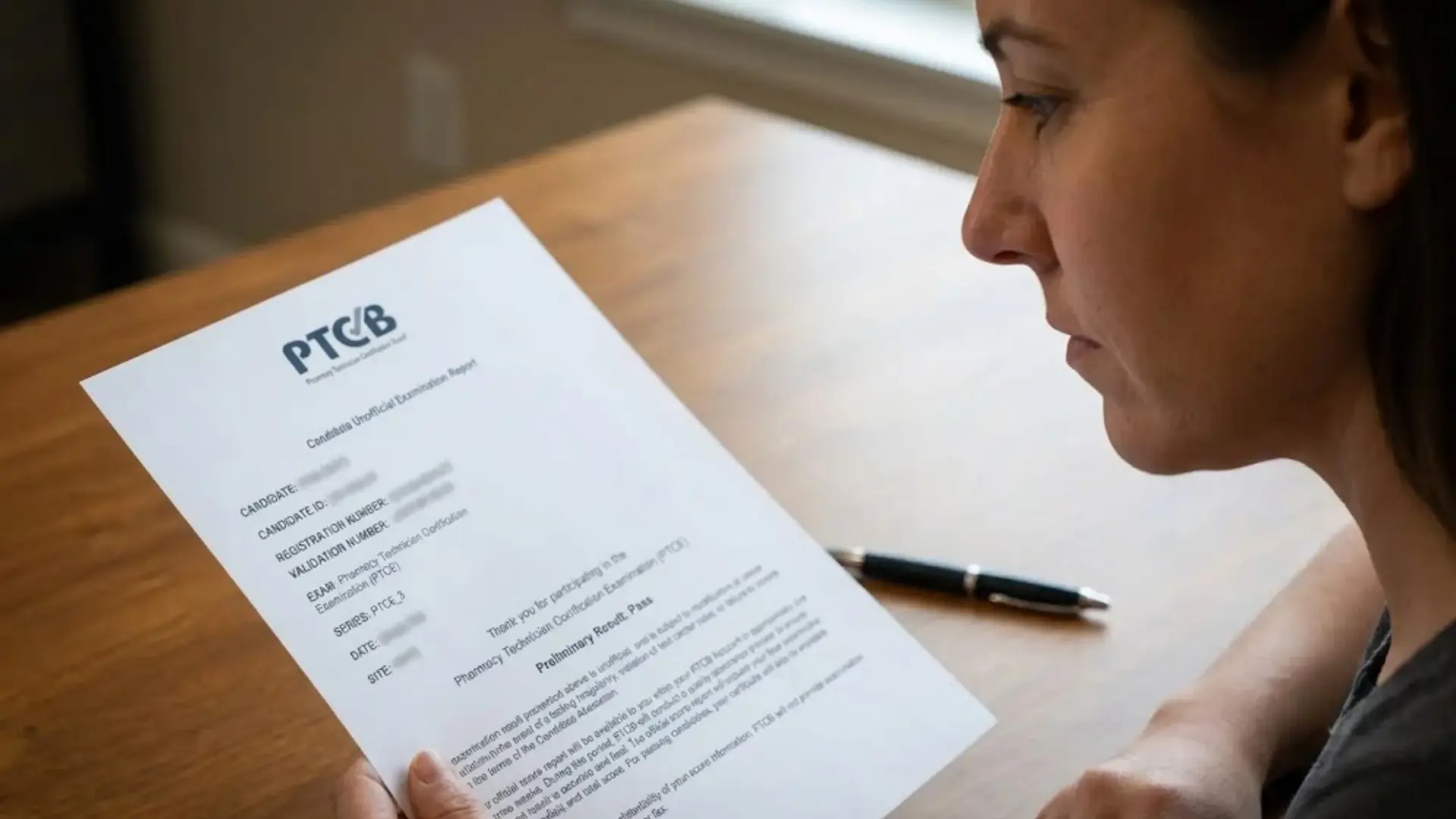 woman reading a pharmacy technician certification exam report while seated at a wooden table indoors