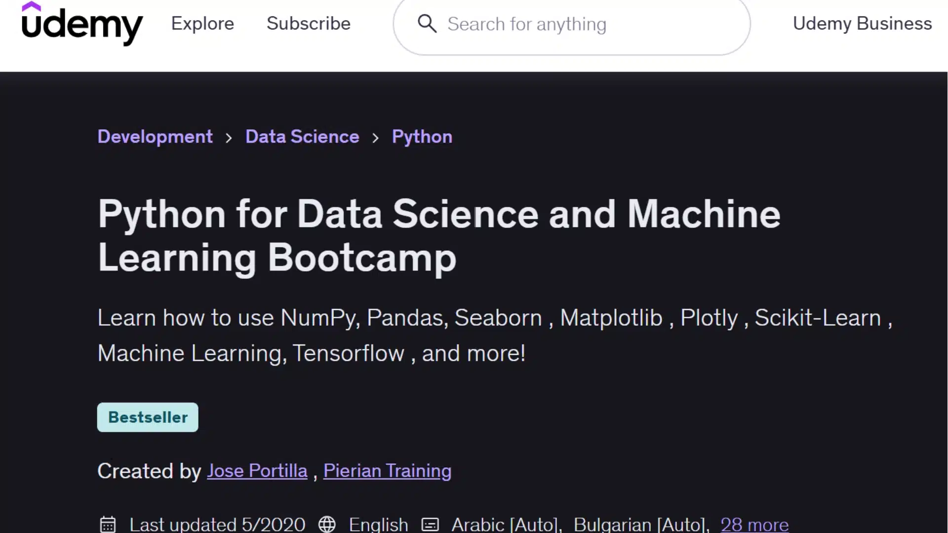 udemy python data science bootcamp covering pandas, machine learning, visualization and tensorflow tools