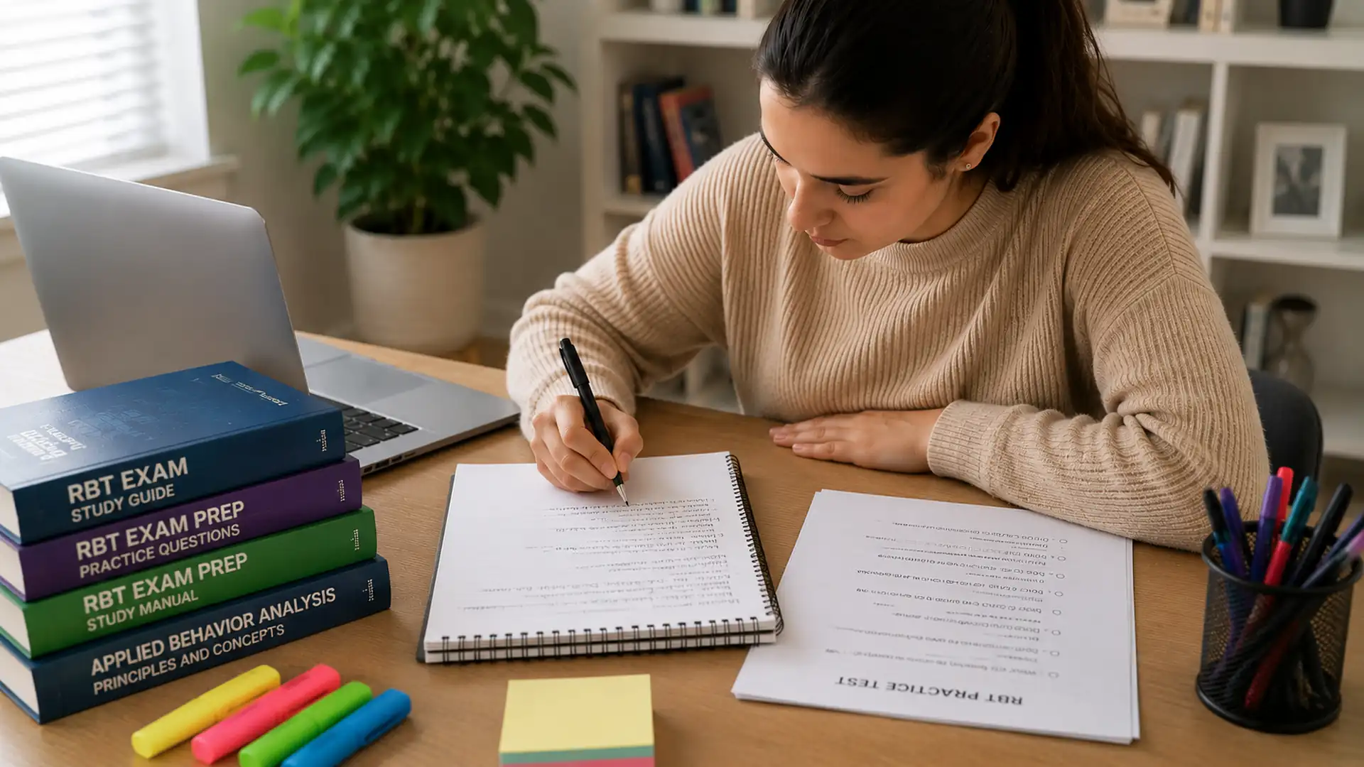 woman writing rbt exam notes at a study desk with practice test papers, books, and laptop in natural light