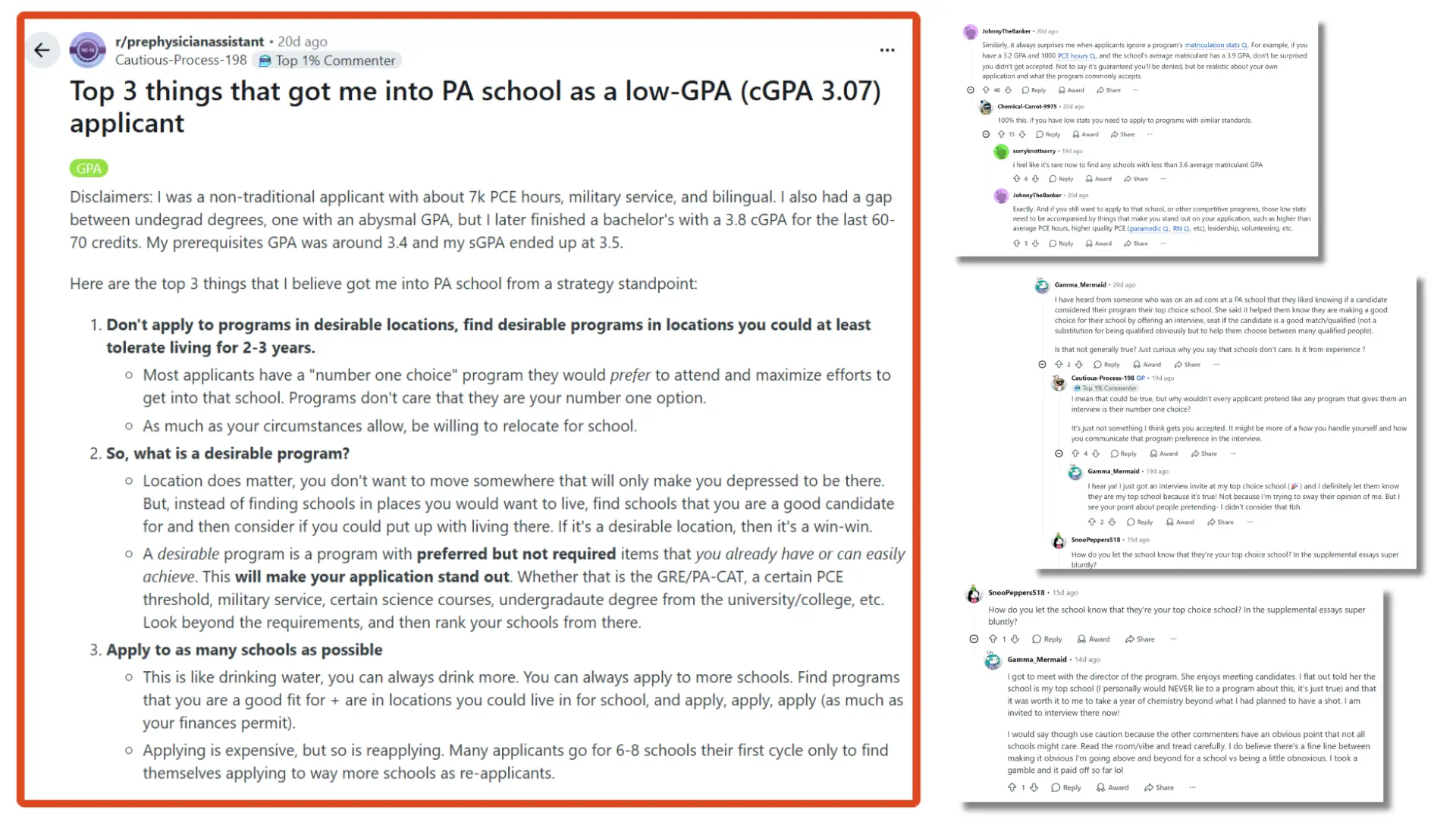 reddit thread screenshot showing pa school acceptance tips and community comments on gpa stats