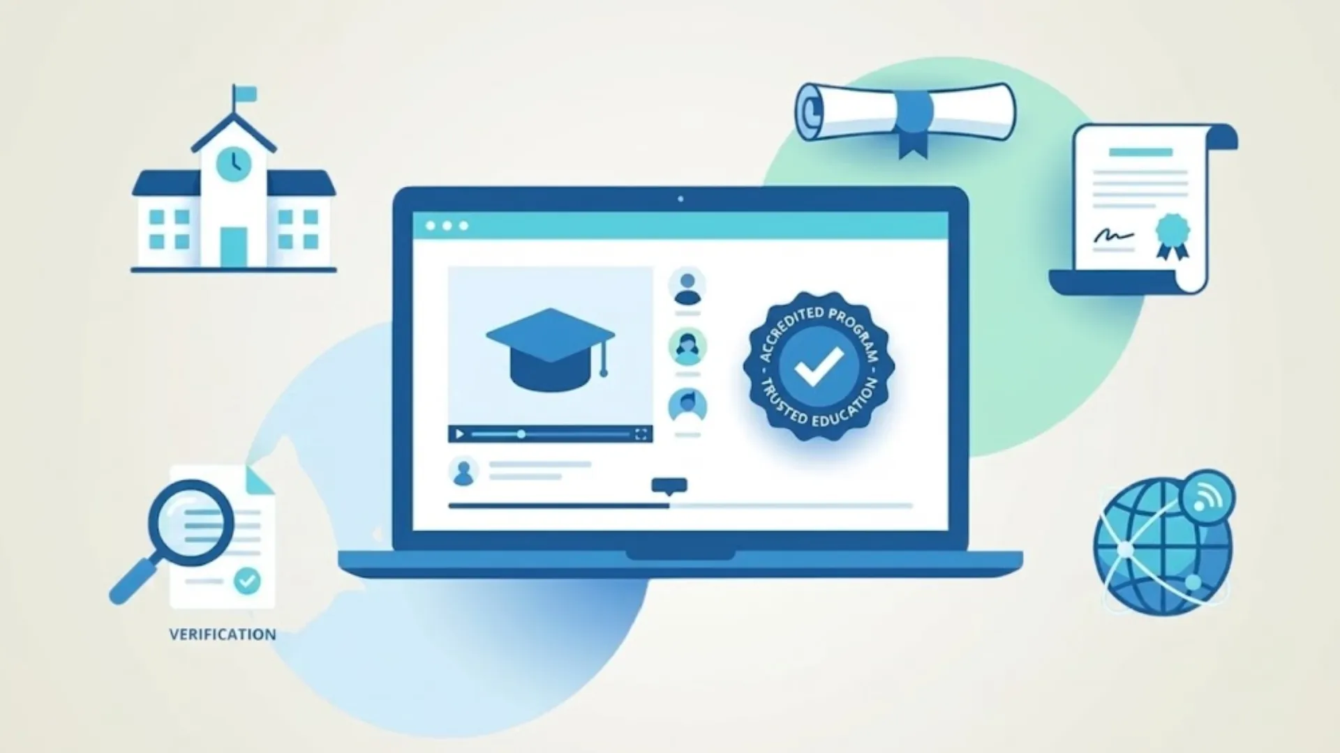 illustration showing how to find accredited online learning academies with verification badges, diplomas, and certificates