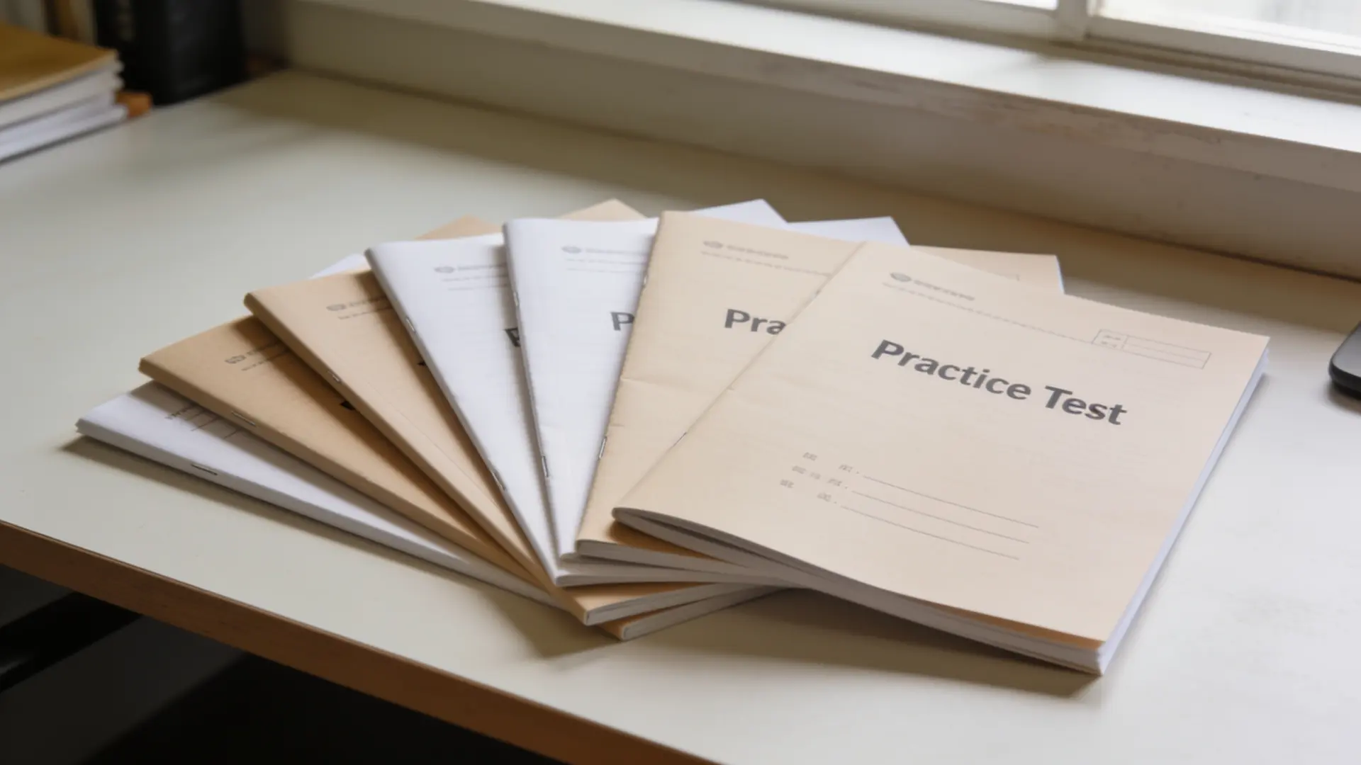 stack of practice test booklets representing different electrician exam prep resources