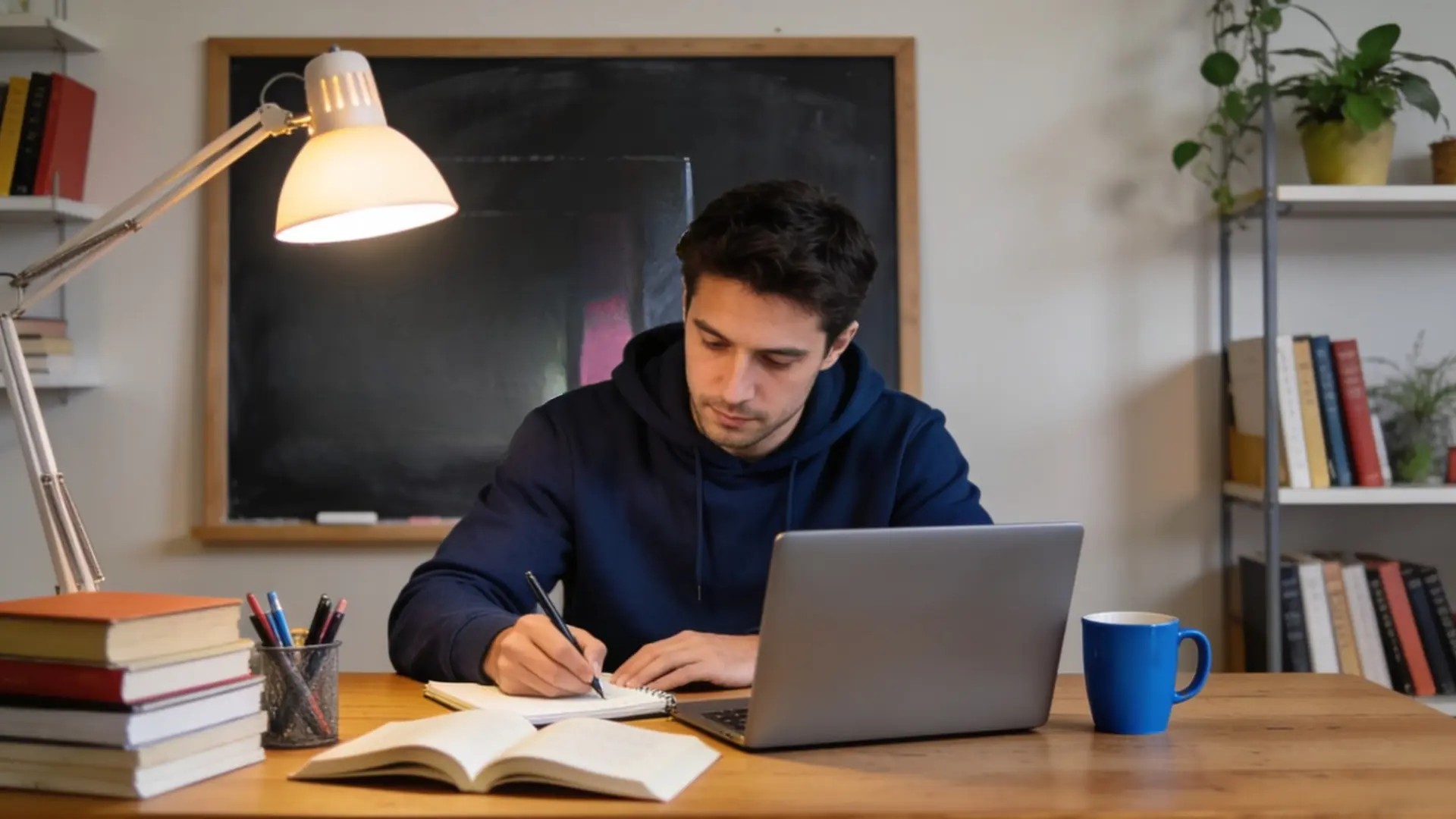 student studying for the sat at a desk with laptop, open books, notebook, desk lamp, and coffee mug
