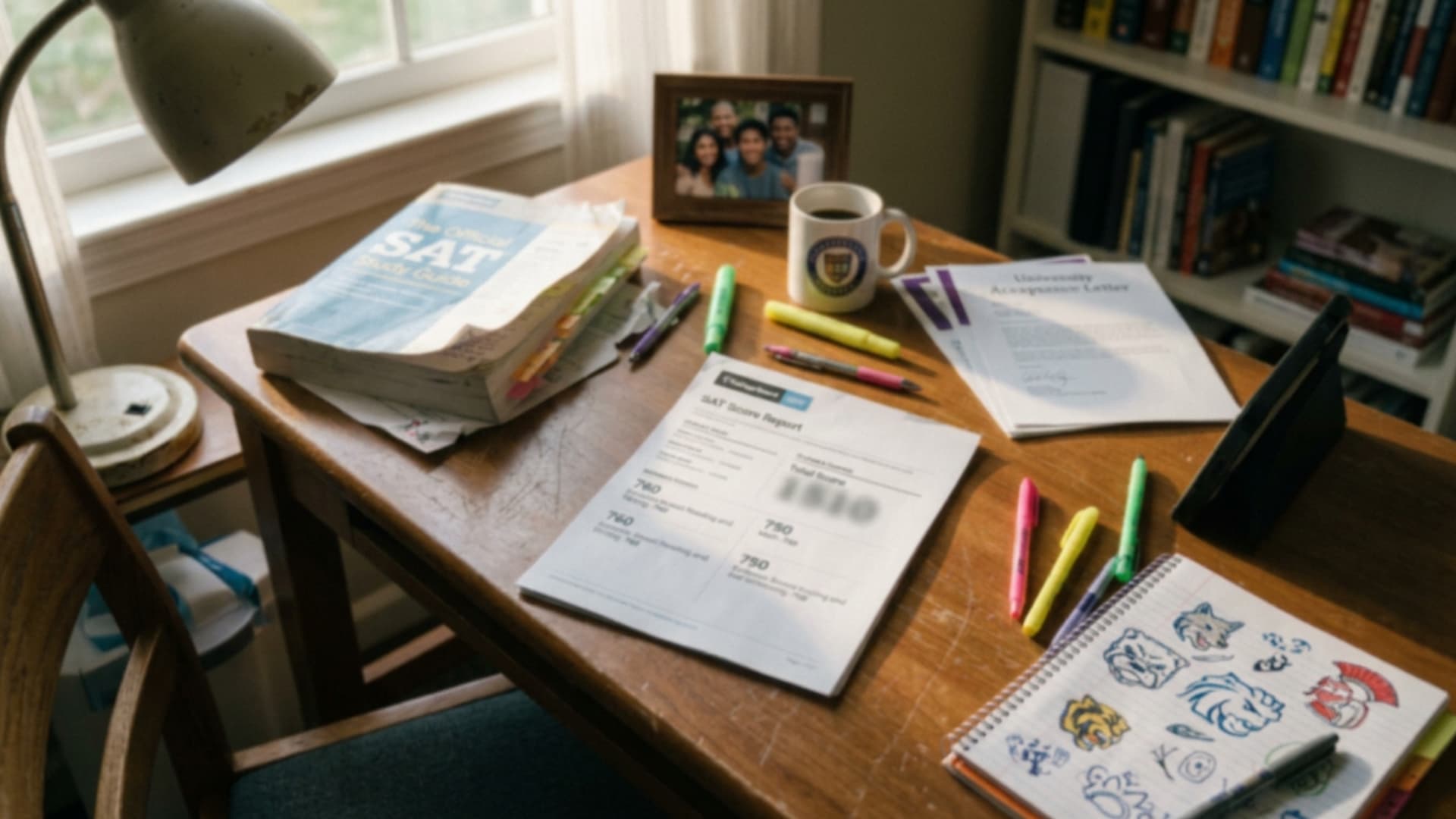 sat score report, study guide, and college admission materials arranged on a student's study desk at home