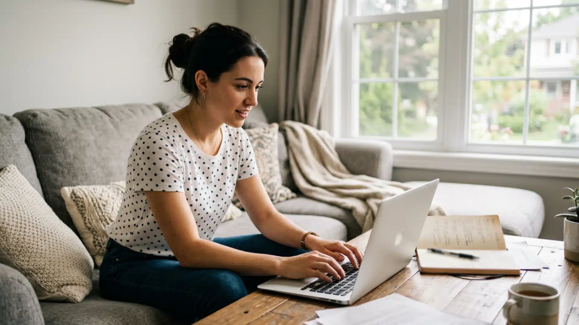 woman in a polka-dot shirt types on a laptop at a coffee table while seated on a sofa