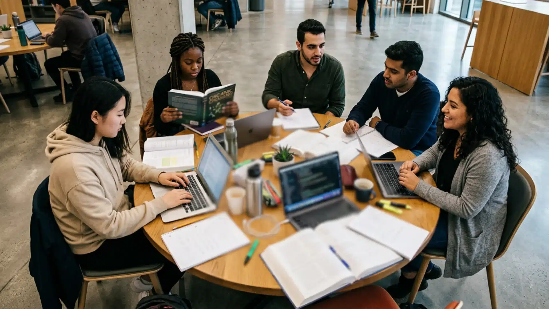 five students study together around a table with laptops, books, notebooks, and drinks in a bright campus study area