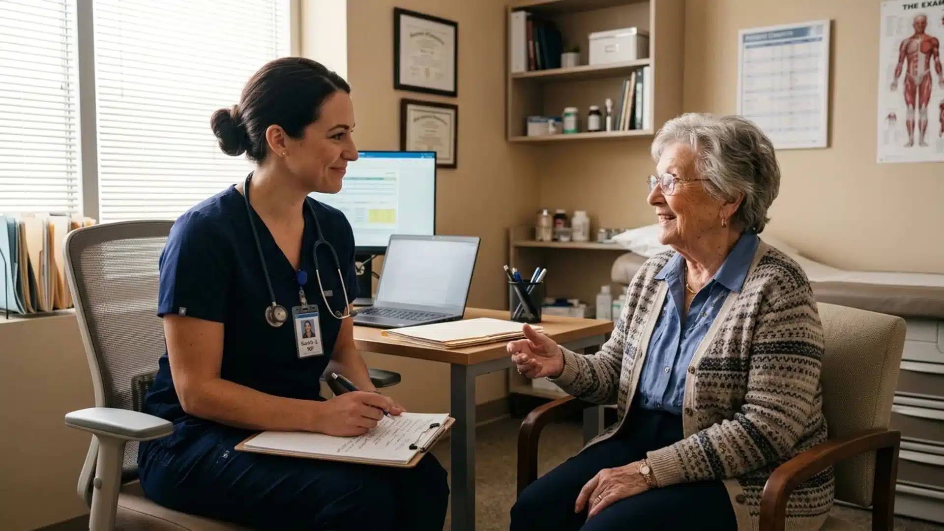 nurse practitioner taking notes while talking with an elderly patient in a doctor's office exam room