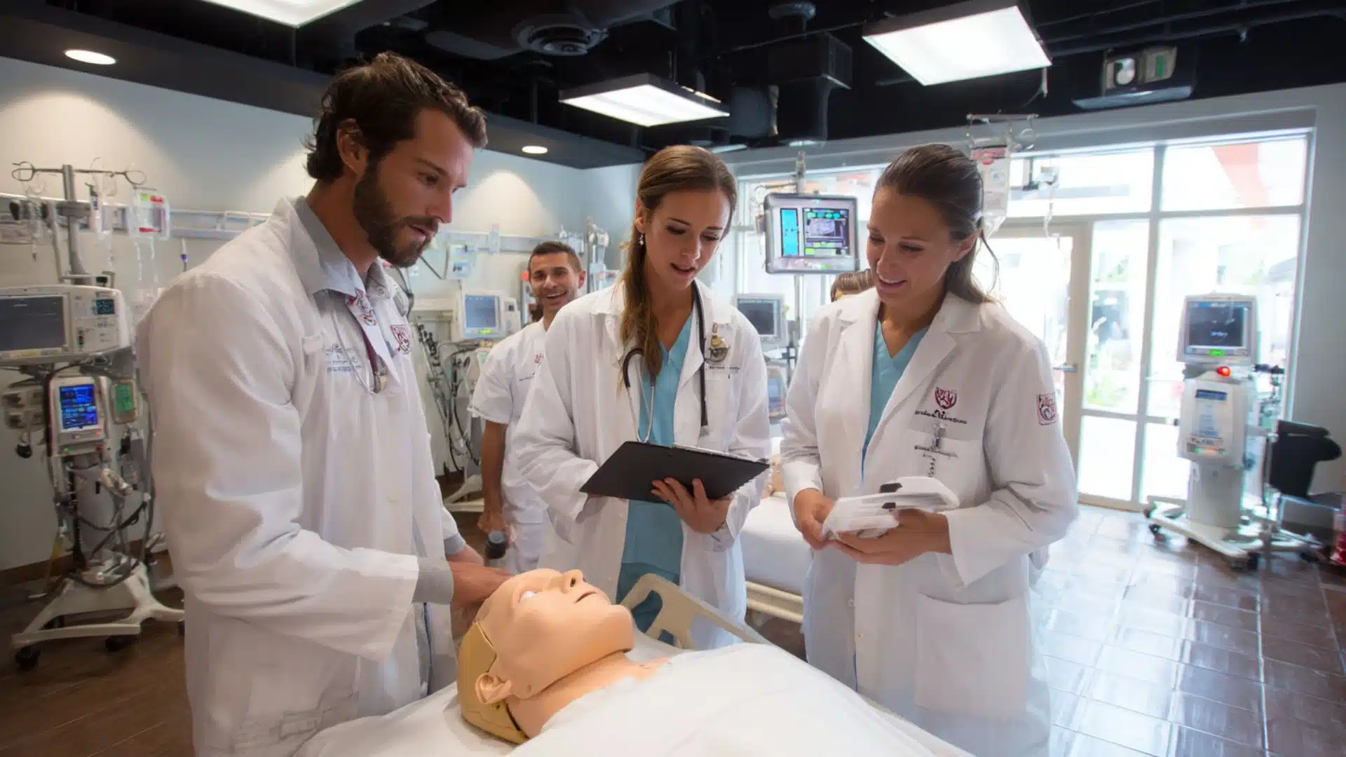 nursing students in white lab coats practicing clinical skills on a medical simulation mannequin in a training lab