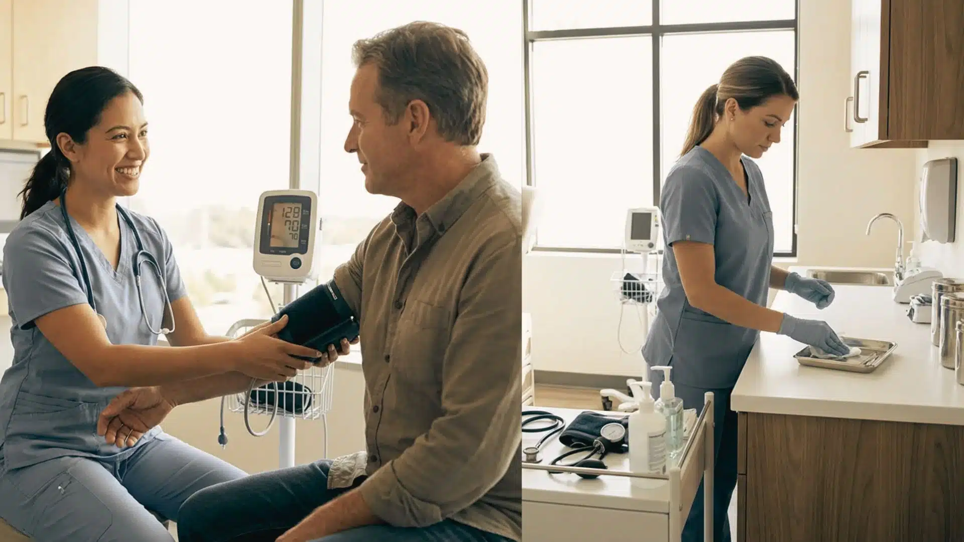 medical assistant taking a patient's blood pressure on the left and sterilizing equipment on the right