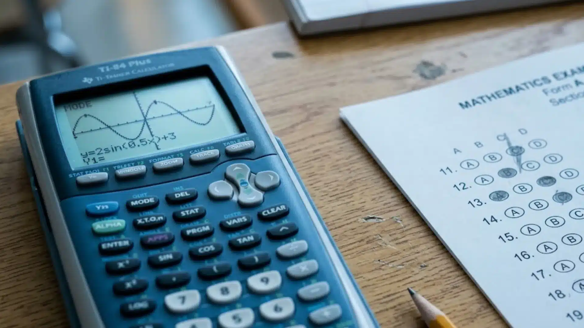 ap calculus exam preparation with graphing calculator and multiple choice practice sheet on desk