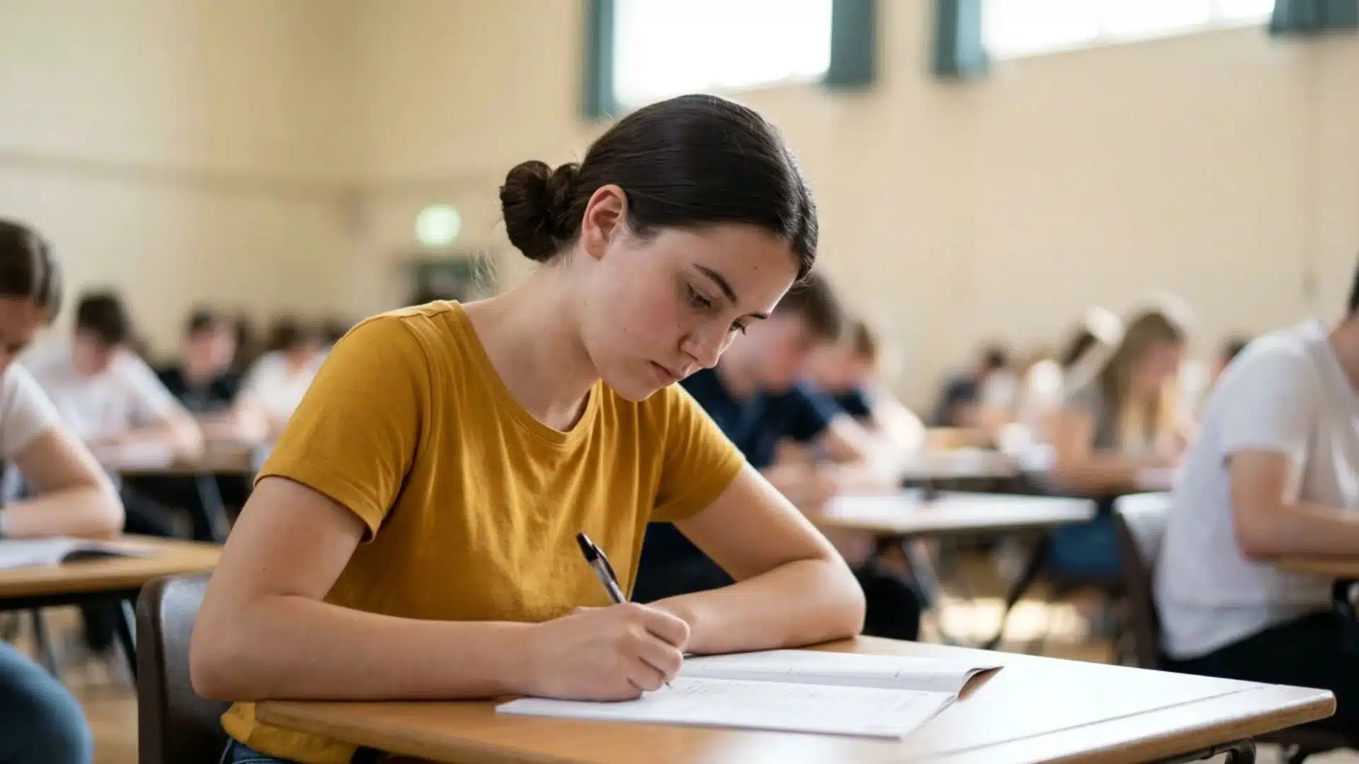 a female student with hair in a bun writing focused on her exam paper in a mustard yellow t-shirt