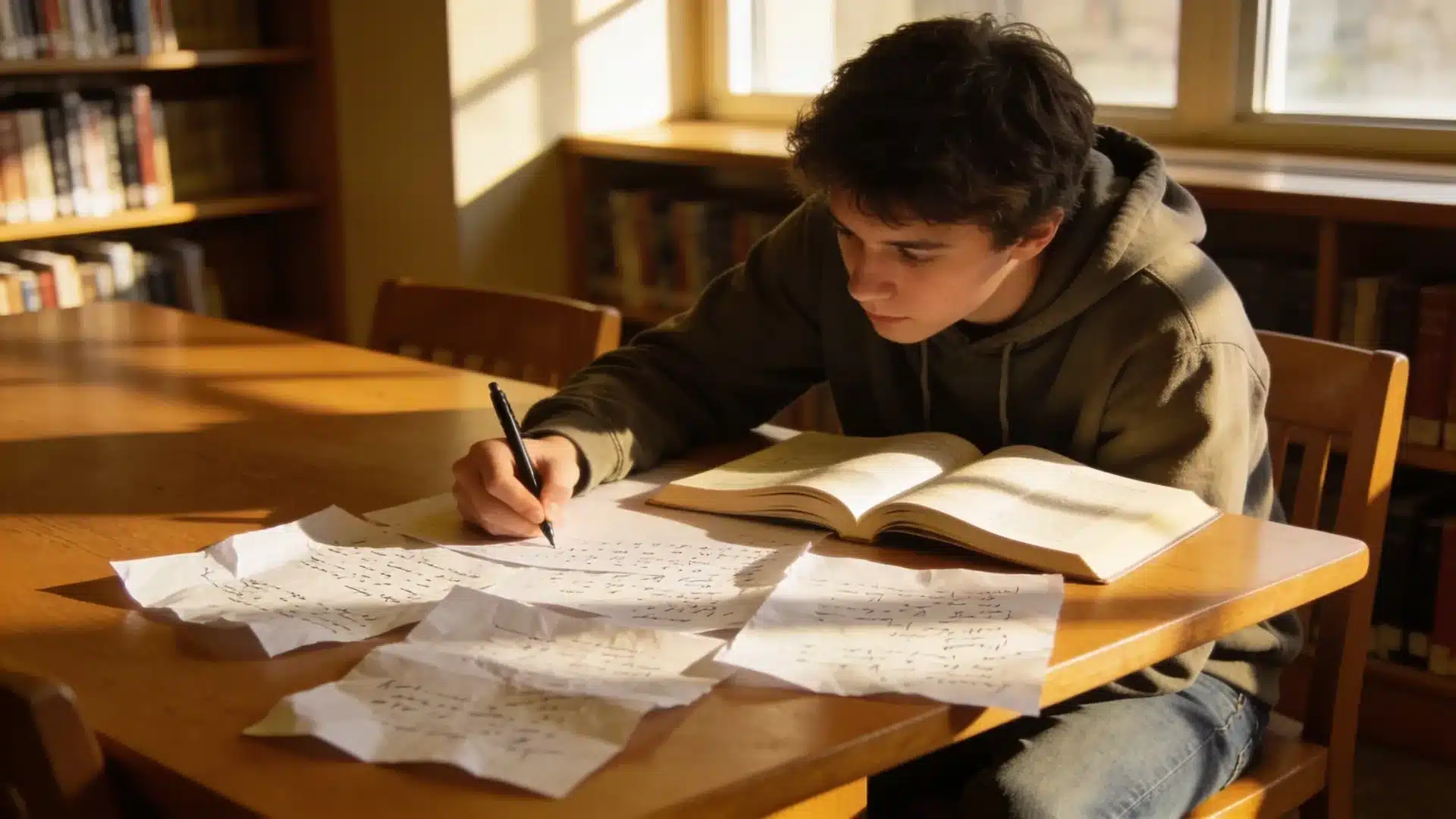 student writing notes by hand at a sunlit library table surrounded by scattered papers