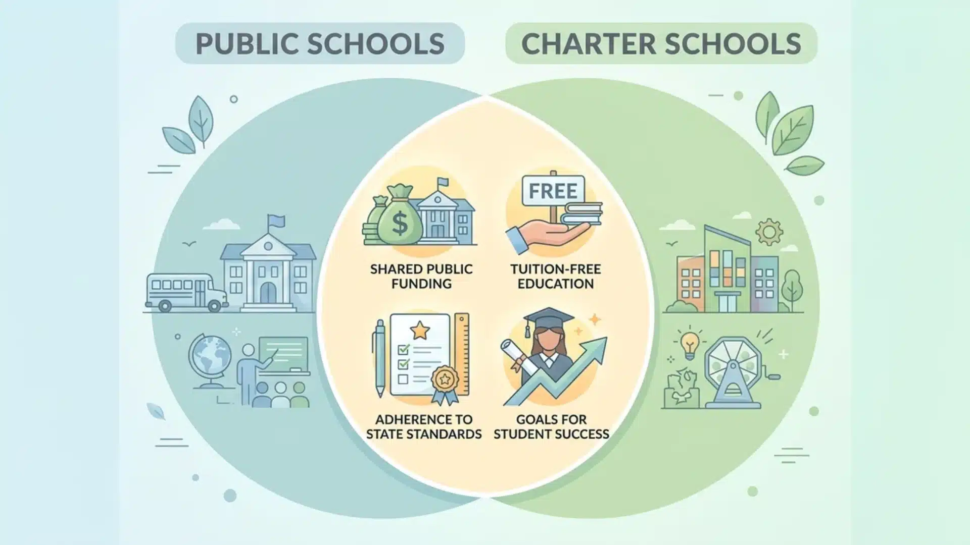 venn diagram comparing public and charter schools with shared funding, standards, and student goals