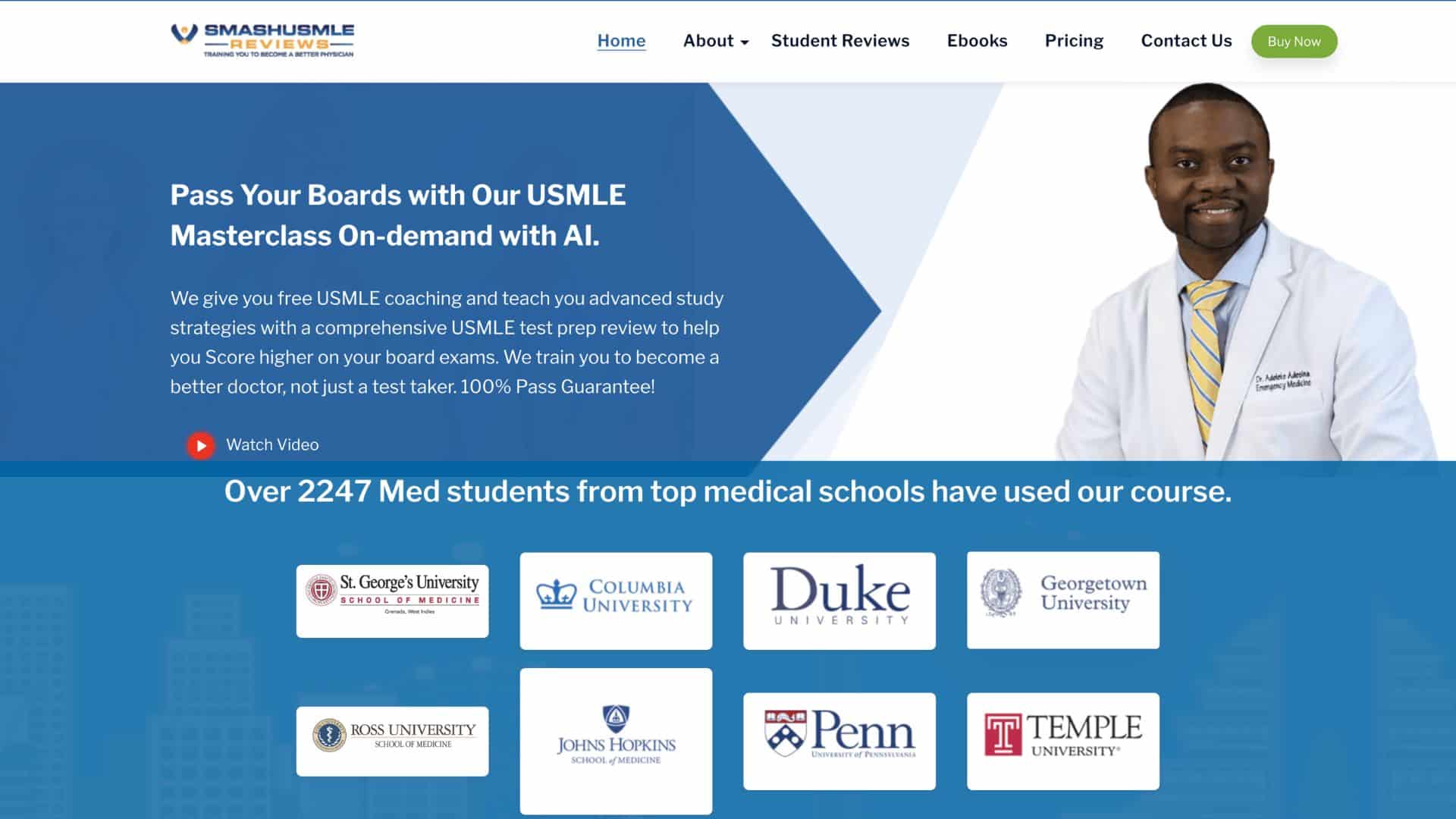 smash homepage with instructor in white coat and list of partner medical schools